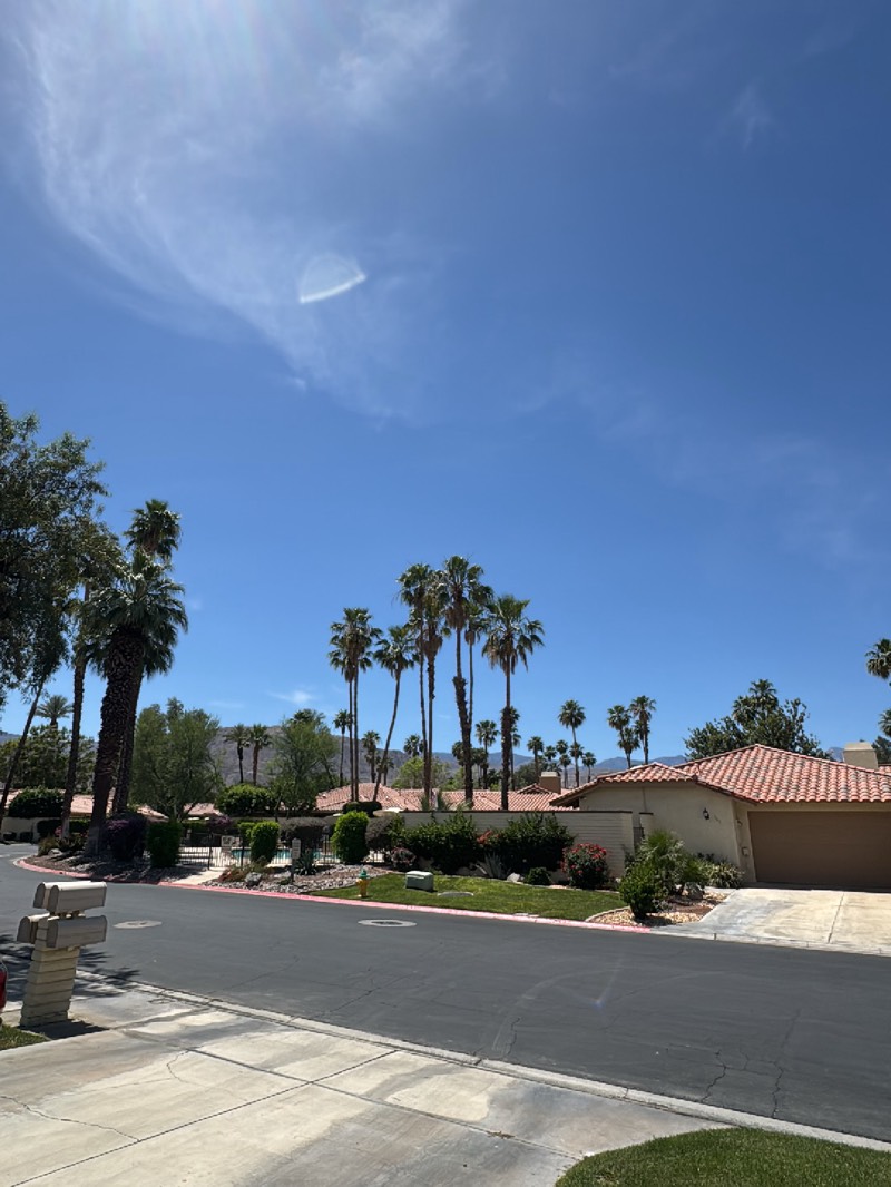 The image captures a residential street in Palm Desert, United States, under a clear blue sky with scattered clouds. Palm trees of varying heights line the street, defining the landscape. The houses have red tiled roofs and are surrounded by well-maintained greenery. A swimming pool is visible behind a gated area. The street is paved and clean, with multiple mailboxes visible near the foreground. The scene is brightly lit, suggesting a sunny day.