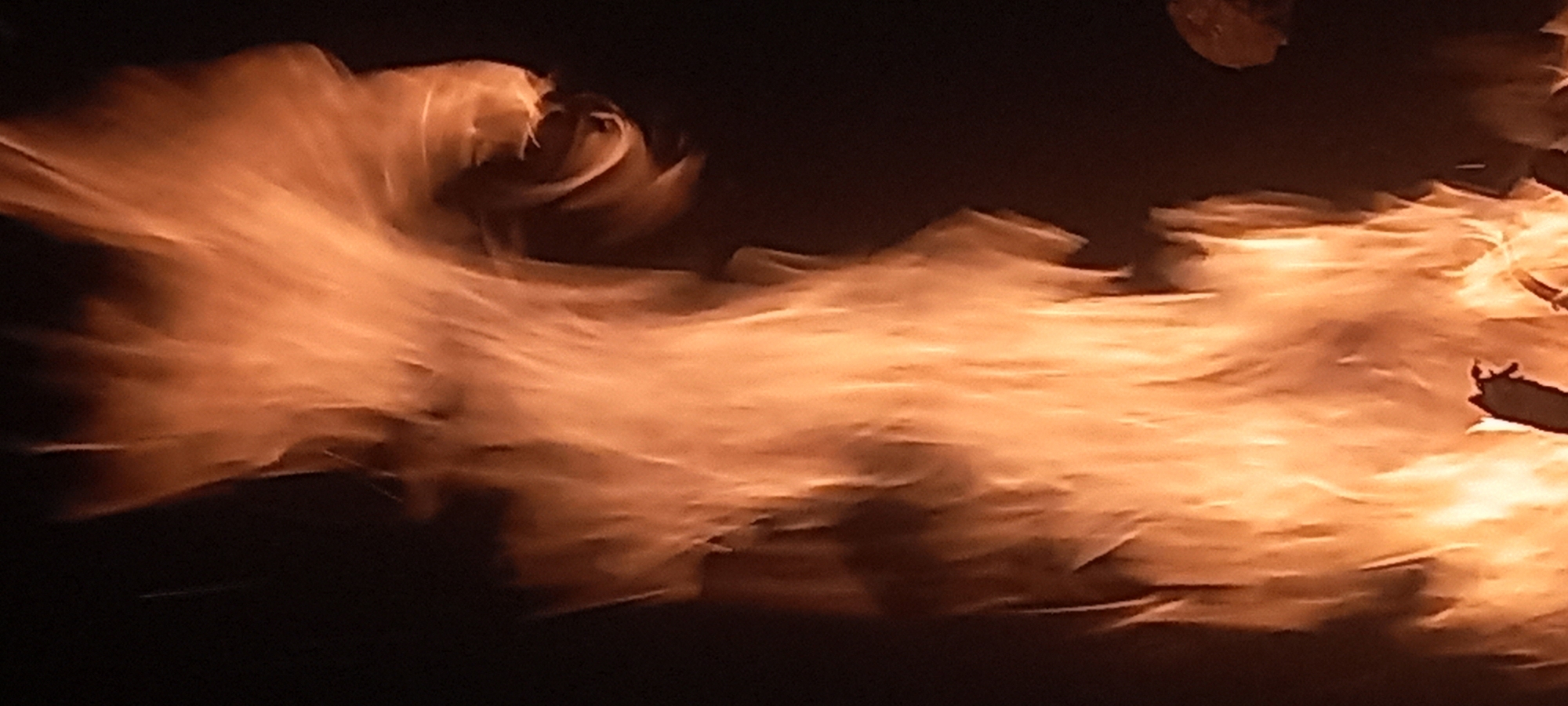 The scene depicts a vibrant fire burning in the city of Kryvyi Rih, Ukraine, captured against a uniformly black background, indicative of nighttime or a dark environment. The flames, varying in intensity, are predominantly bright orange and yellow, rising vertically and exhibiting blurred streaks and wisps that convey active movement. In the upper right section of the fire, a distinct formation of flames resembles the profile of a human-like or animalistic head, appearing to face right with an open or grimacing mouth. The main body of the fire forms a columnar structure, broadening at its base where fragments of dark, charred material, likely wood or other fuel, are visible within the incandescent core. The fire serves as the sole light source, illuminating itself and casting a warm glow, with no other discernible objects, structures, or individuals present in the frame.