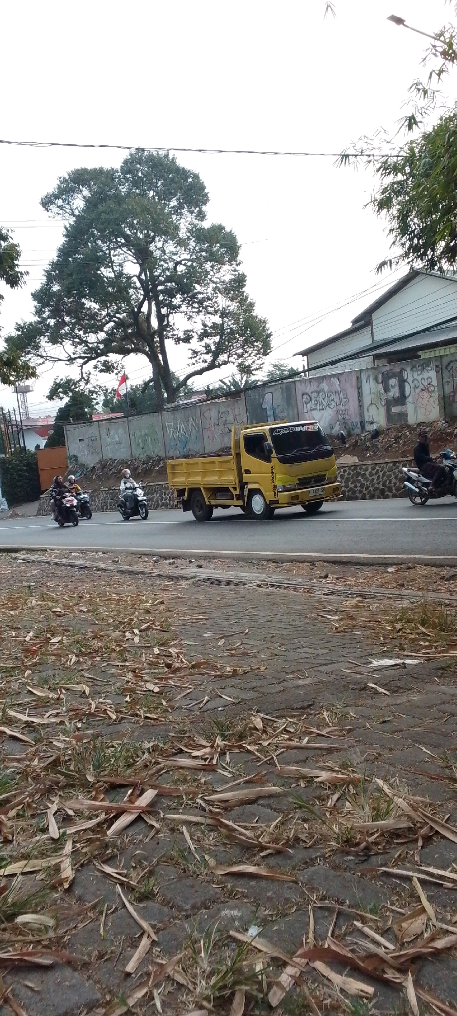 The image captures a street scene in Cilaku, Indonesia. A yellow flatbed truck, a common sight for transport in Indonesian cities, is driving on the asphalt road. Several individuals on motorcycles are also visible, some riding in a line behind the truck, and others further ahead. The backdrop includes a textured concrete wall adorned with graffiti and a large tree with a dense canopy. The foreground is paved with interlocking stones, interspersed with dried leaves and patches of grass. The sky appears overcast, suggesting a cloudy day. The scene depicts typical daily traffic and urban elements found in the region.