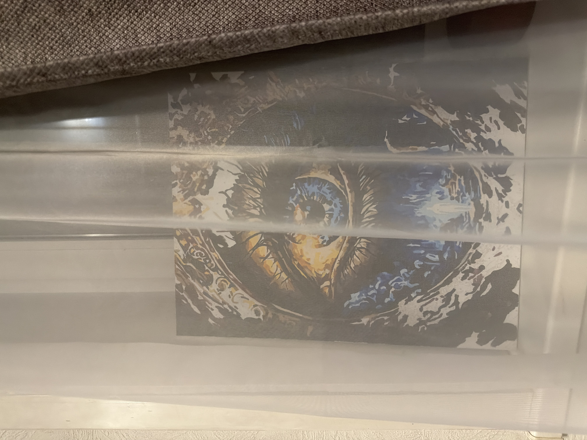 A close-up shot shows an image of an eye, possibly a painting or print, partially obscured by white, horizontal blinds. The color scheme is primarily blue, gold, and white/grey. A textured, grey fabric edge is visible at the top left of the frame. The scene appears to be indoors, possibly within a residence. No people are visible. The location cannot be determined from the visual information provided. The city of Moscow cannot be determined based on the provided image.