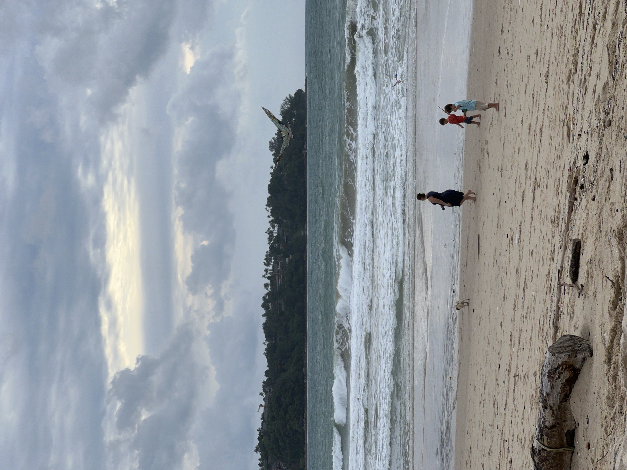 This is an outdoor, eye-level, vertical shot of a beach in Choeng Thale, Thailand. The sky is overcast with dramatic gray clouds and some patches of light. In the distance, a tree-covered island is visible with buildings and a construction crane. The ocean has moderately sized waves breaking on the shore.
On the sandy beach, a woman in a dark blue dress walks to the left. Two young boys are further ahead. One boy in a red shirt walks away from the camera. The other boy in a light blue shirt stands facing the ocean, holding a stick. A small dog is visible near the water's edge. In the air, a large bird-shaped kite is flying above the water. Further out, a smaller object, possibly a bird, is also in the sky. In the foreground, a large piece of driftwood lies on the sand.
