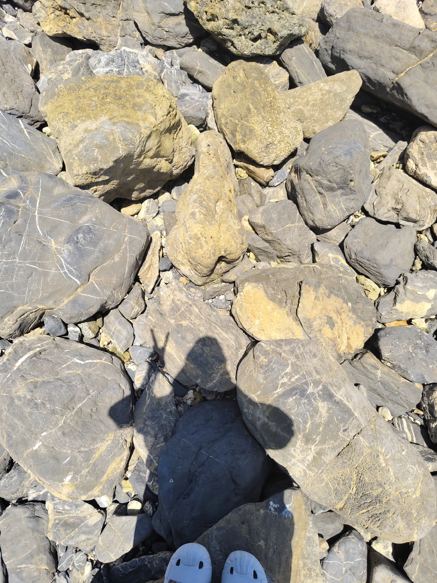 The image shows a pile of large, grey and yellow-brown rocks on a beach. The rocks are of various sizes and shapes, with some appearing smooth and rounded, while others are jagged and rough. The lighting suggests it is daytime, casting shadows across the rocks. In the foreground, two white sandals are visible, indicating the presence of a person. A shadow of a person making a peace sign with their hand is also visible on the rocks, further confirming human presence. The background is filled with more rocks, creating a textured and natural landscape. The scene is likely a coastal area. Based on the provided information, the location is Naga Umbang, Indonesia.