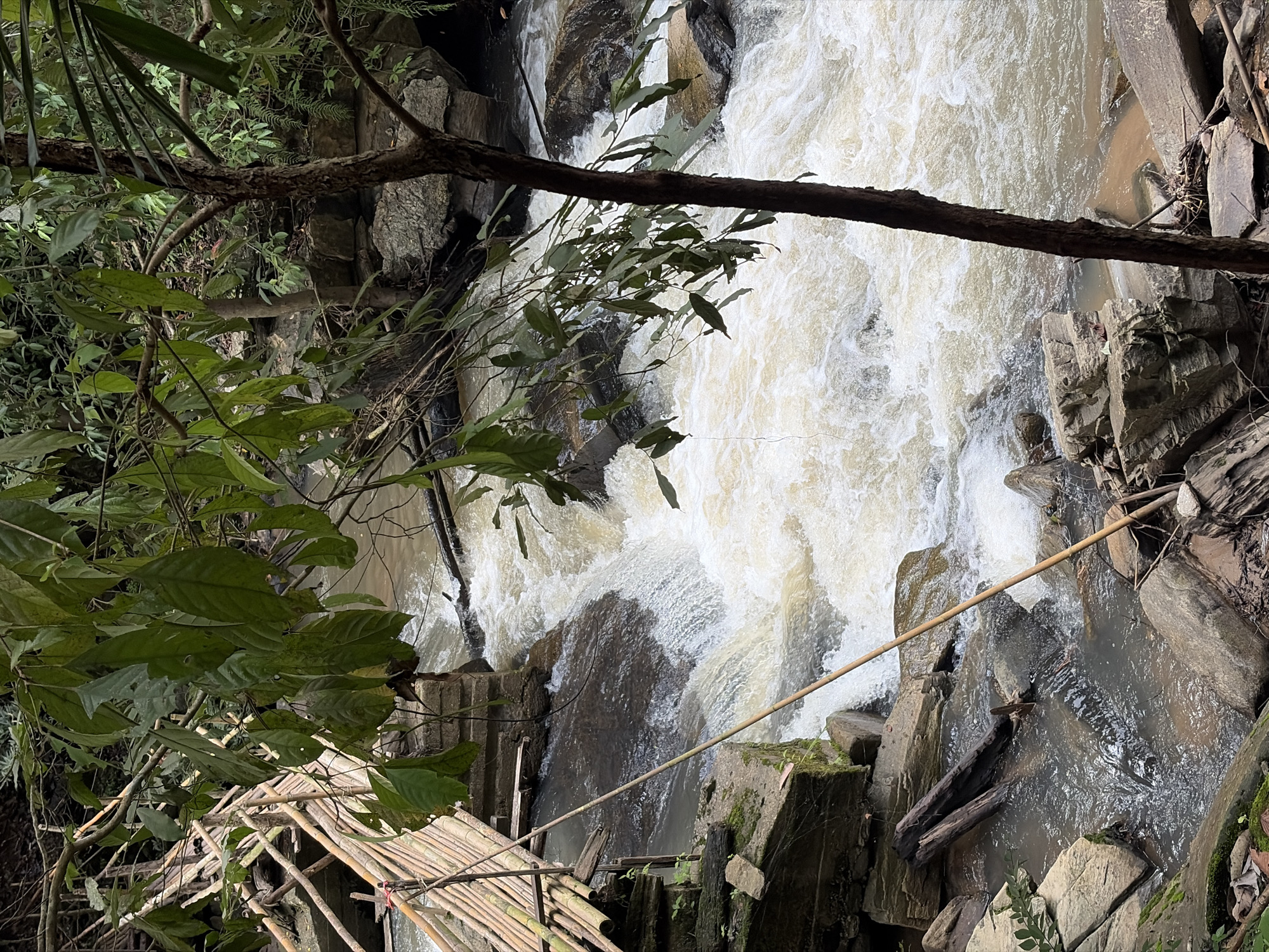A high-angle medium shot captures a fast-flowing river with foamy white water cascading over rocks. A primitive bamboo bridge, partially submerged and in disrepair, crosses the river on the left side of the frame. Green foliage and the trunk of a small tree frame the scene from the right and foreground, with the lush, tropical environment of Ban Huai Takhrai, Thailand, evident in the background. The water is a murky brown, suggesting it may be carrying sediment from the surrounding terrain. There are no people or animals visible in the image. The overall impression is one of a natural, rugged landscape with signs of human intervention in the form of the precarious bamboo bridge.