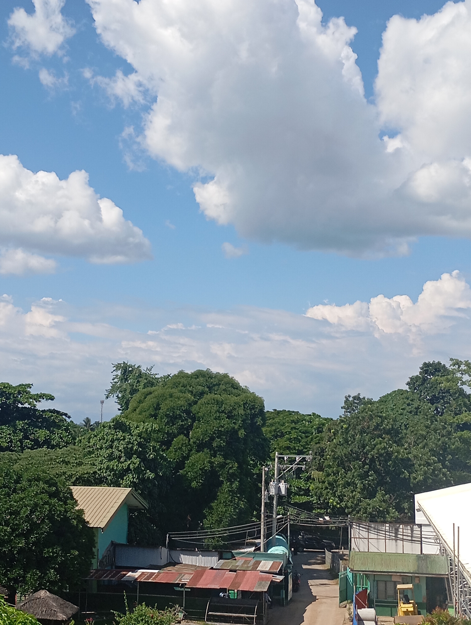 The image depicts a bright, sunny day in a tropical environment, likely in Davao City, Philippines. The sky is a vibrant blue, populated with large, fluffy white clouds that are characteristic of warm, humid weather.
In the foreground and mid-ground, a cluster of buildings and structures are visible, nestled amongst lush, dense green foliage. The buildings have a mix of roof types, including corrugated metal with a reddish-brown hue and a lighter-colored, possibly metallic, roof on a prominent structure. One building is painted a light teal color with a lighter roof. There are visible power lines and utility poles, suggesting an inhabited area.
Among the buildings, a small yellow forklift is parked next to a green structure. The presence of the forklift might indicate a commercial or industrial area, perhaps related to logistics or construction. The general impression is of a somewhat informal settlement or a semi-urban area with a strong presence of natural vegetation. The scene is static, with no visible human activity or movement captured in the frame. The sunlight suggests it is daytime, likely mid-morning or afternoon, given the angle of the light and the brightness of the scene.