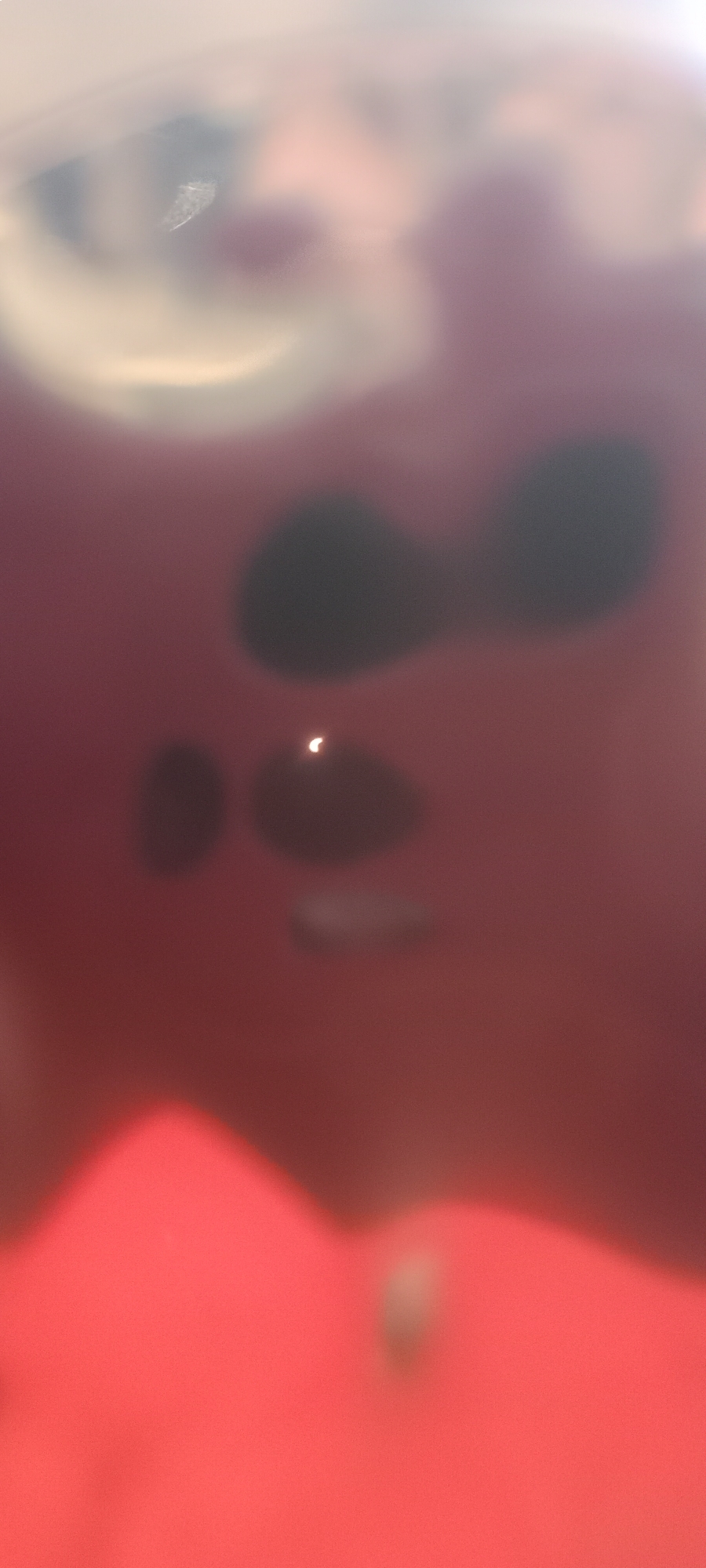 The image depicts a close-up, out-of-focus view of what appears to be a round, red object with several dark circular or oval shapes scattered across its surface. A small, bright crescent-shaped object is visible near the center of the image. The lighting suggests a bright environment, possibly with reflections. The overall impression is that of a brightly lit, somewhat blurry, abstract composition with prominent red and dark tones. There is no identifiable context or location related to Adai, Spain.