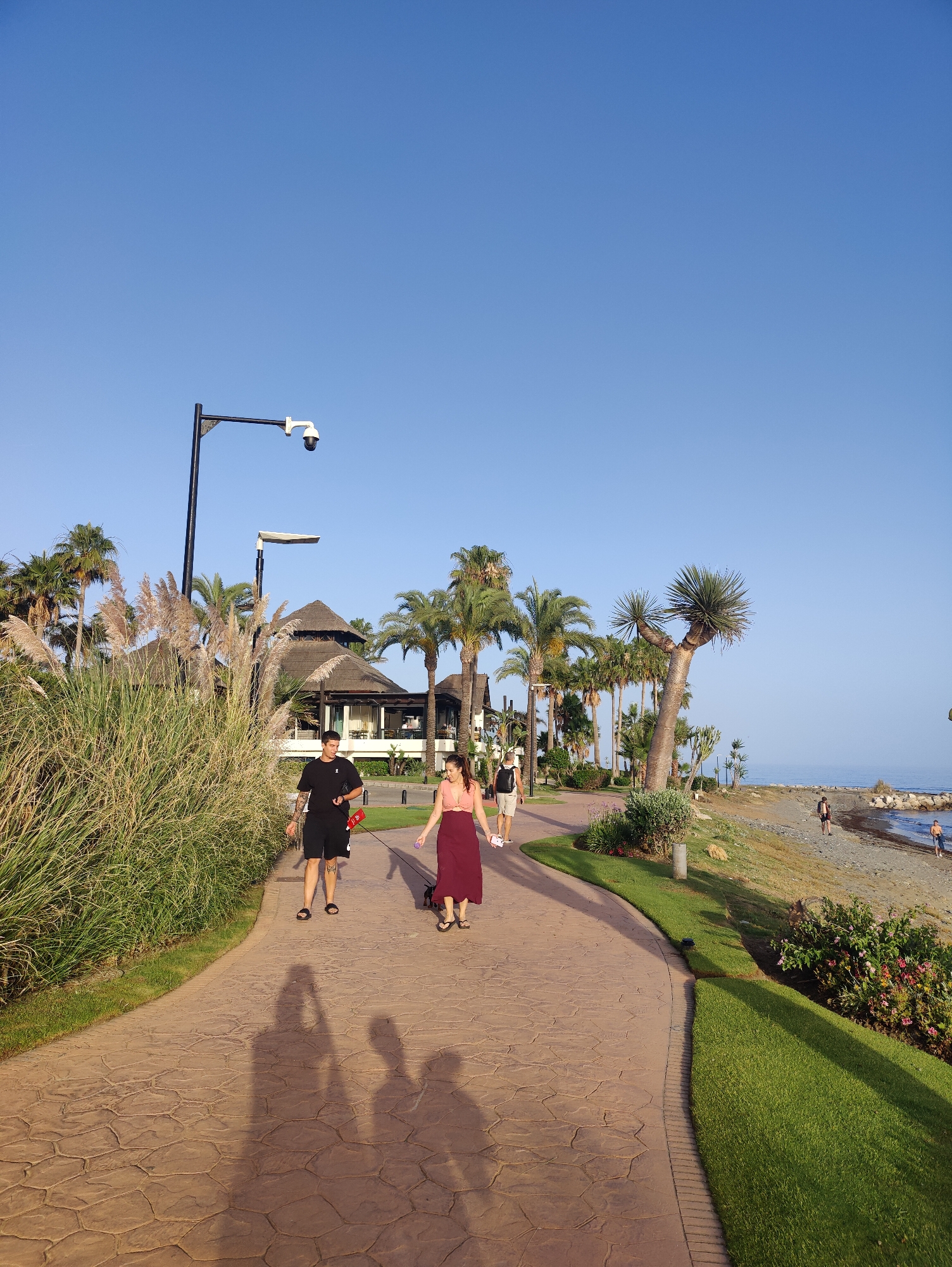 The image depicts a paved walkway beside a grassy area with lush vegetation and palm trees, leading to a beach area with a calm sea under a clear blue sky. On the walkway, a man wearing a black t-shirt and shorts is walking a small dog on a leash, accompanied by a woman in a pink top and a maroon skirt. They are walking towards the camera. In the background, a building with a thatched roof and a tower is visible, surrounded by more palm trees. The beach is covered in pebbles, and people can be seen in the distance. A lamppost with a security camera is mounted on a pole to the left of the walkway. The sun is casting long shadows on the path, suggesting it is either early morning or late afternoon. The overall scene conveys a relaxed, resort-like atmosphere.