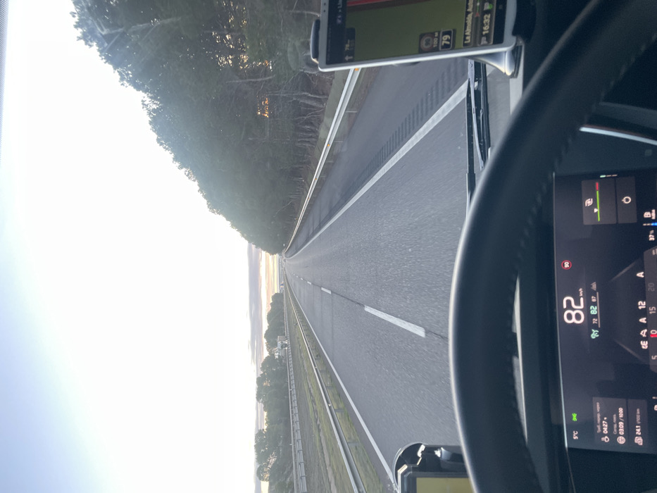 A driver's perspective from inside a vehicle speeding down a straight highway. The speedometer reads 82 km/h. A navigation device shows a route towards "La Almolda". The car's dashboard indicates a 5°C outside temperature and 37% battery level. Roadside trees and a clear sky are visible.
