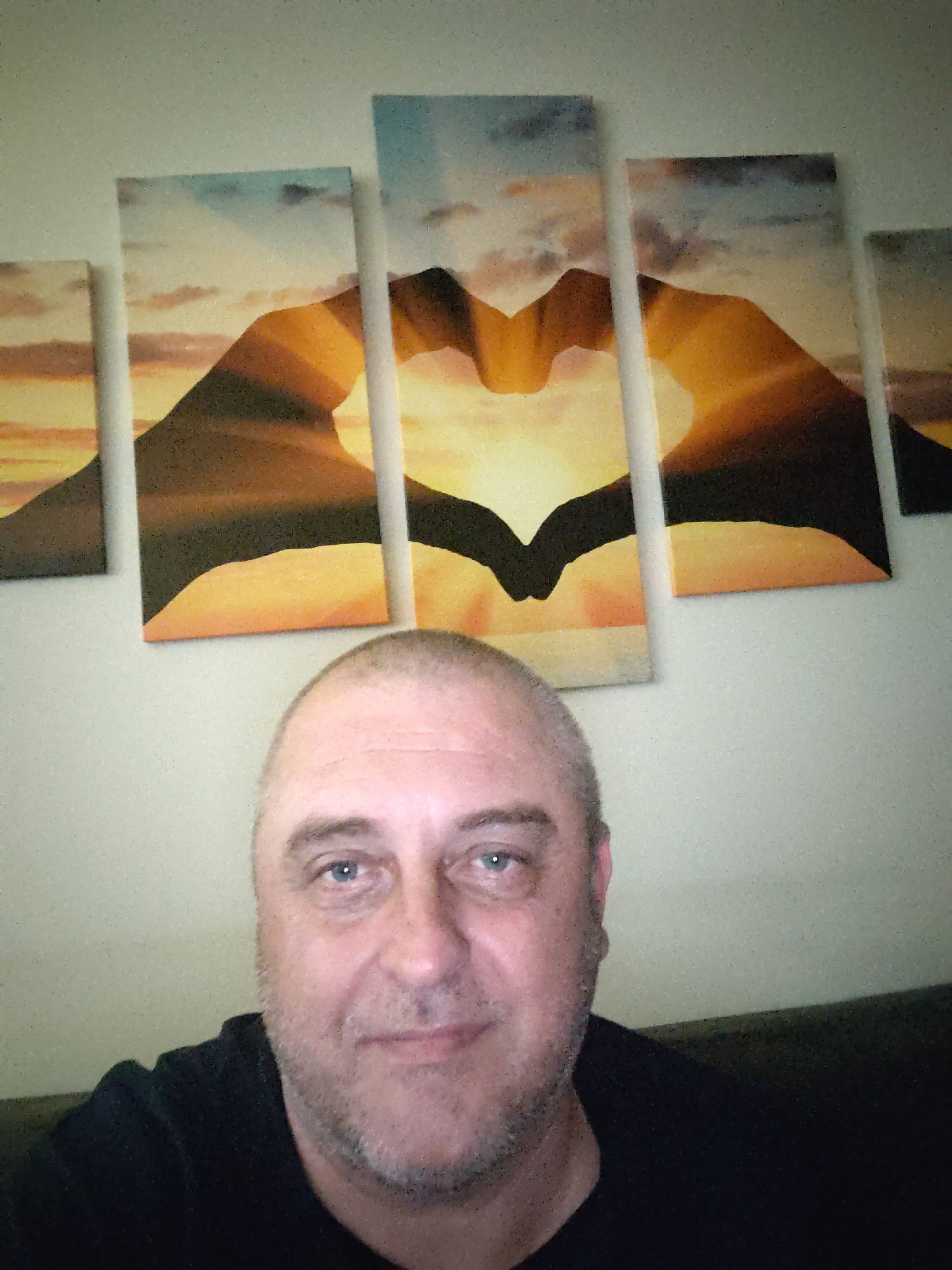 A man is depicted in a selfie, positioned centrally in the frame. He has fair skin, blue eyes, and short, grey-brown stubble on his face. His head is mostly bald on top, with short, grey hair visible on the sides. He wears a dark, possibly black, t-shirt. The man looks directly at the camera with a subtle, friendly smile and a calm expression.
Behind him, mounted on a light-colored wall, is a multi-panel artwork. This artwork features a silhouetted image of two hands forming a heart shape, encompassing a bright, warm sunset or sunrise with vibrant orange and yellow hues. Above the heart, the sky transitions to lighter blues with scattered clouds. A dark, possibly upholstered, piece of furniture or seat is visible on the right side of the man, suggesting an indoor setting.
The image has a noticeable grainy texture or digital noise. There is no visible text in the image. The general location context provided is Huntingdonshire, United Kingdom.