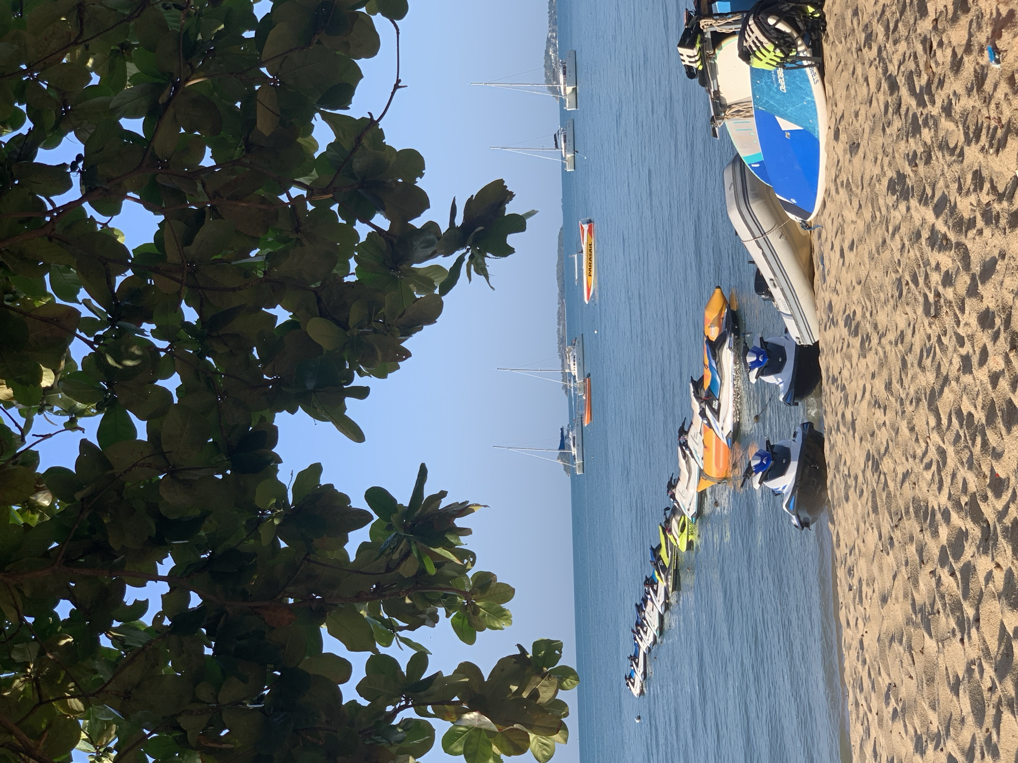 A tropical beach scene in Koh Samui District, Thailand, is depicted under a canopy of lush green leaves. The foreground is a sandy beach with several jet skis lined up near the water's edge. Further out in the calm, blue sea, a long row of jet skis floats, appearing to be tethered together. In the background, several white sailboats with tall masts are anchored, with one small orange boat visible between them. The sky is a clear, bright blue, indicating a sunny day. On the right side of the beach, an inflatable dinghy and two paddleboards are resting on the sand.