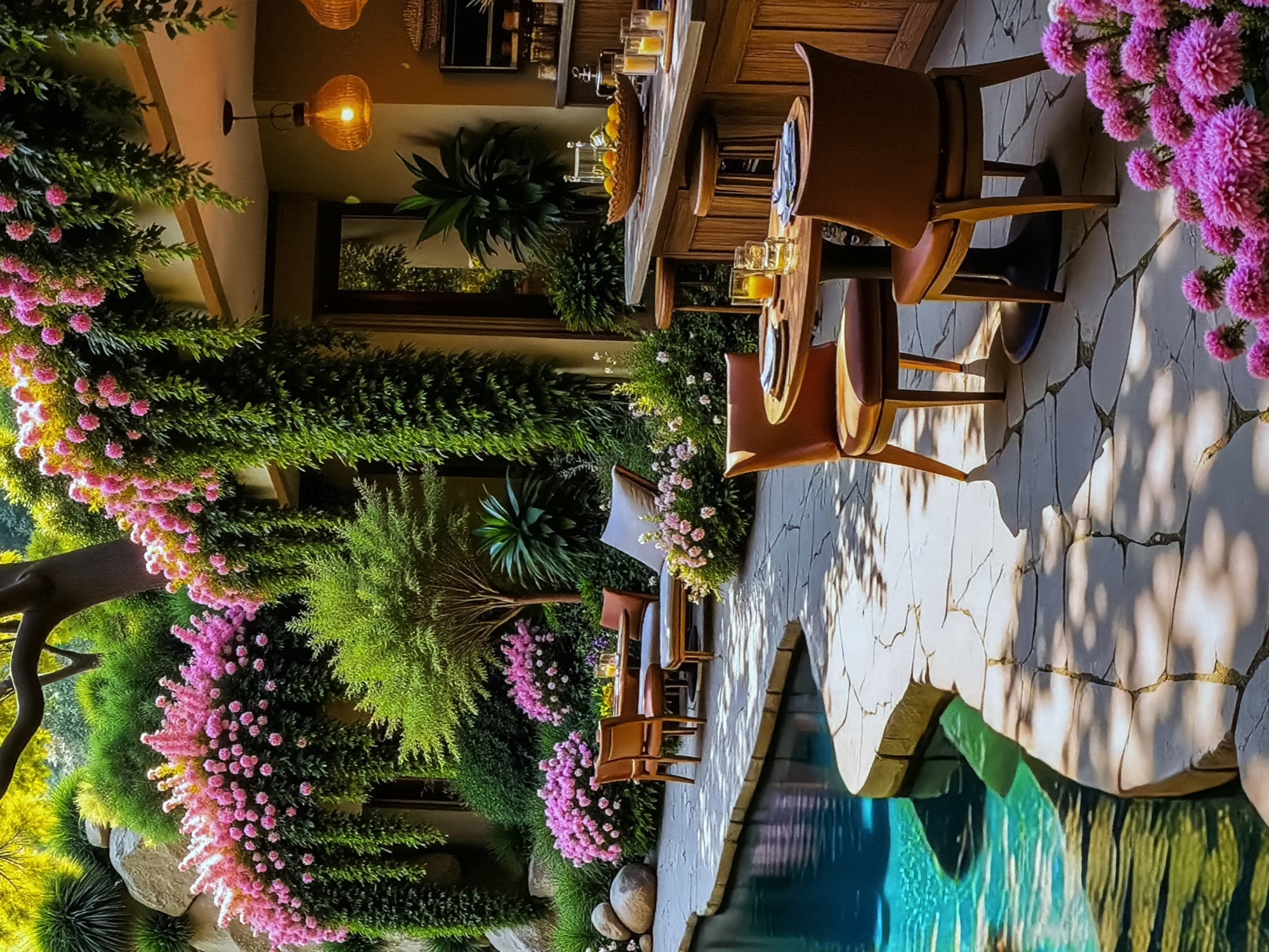 This image captures a luxurious outdoor dining and lounge area, possibly part of a resort, high-end restaurant, or private residence, located in Sofiivska Borshchahivka, Ukraine. The scene is lush with vibrant greenery and an abundance of pink flowering plants, creating a picturesque and inviting atmosphere.
In the foreground, a tranquil swimming pool with clear blue water reflects the sunlight. Adjacent to the pool is a stone-paved patio, illuminated by dappled sunlight and shadows from unseen foliage, suggesting a sunny day. Several wooden dining tables with comfortable brown leather chairs are arranged on the patio, some set with glasses holding an orange beverage, plates, and cutlery, indicating readiness for guests.
Further into the scene, a well-appointed bar area features a wooden counter, bar stools, and additional seating. The bar is stocked with glasses and a bowl of oranges. Overhead, decorative hanging lantern-style lights cast a warm glow.
The environment is densely landscaped with various green plants, including tall hedges, shrubs, and potted plants, creating a private and enclosed feel. Extensive pink flowers, possibly bougainvillea or similar varieties, cascade over walls and intersperse throughout the greenery, adding splashes of vivid color. A large tree trunk is visible on the left side, contributing to the naturalistic setting.
The time of day appears to be late afternoon or early evening, characterized by warm, golden light and long shadows. No people are visible in the scene, which emphasizes the serene and ready-to-be-enjoyed ambiance. No visible text is present in the image.