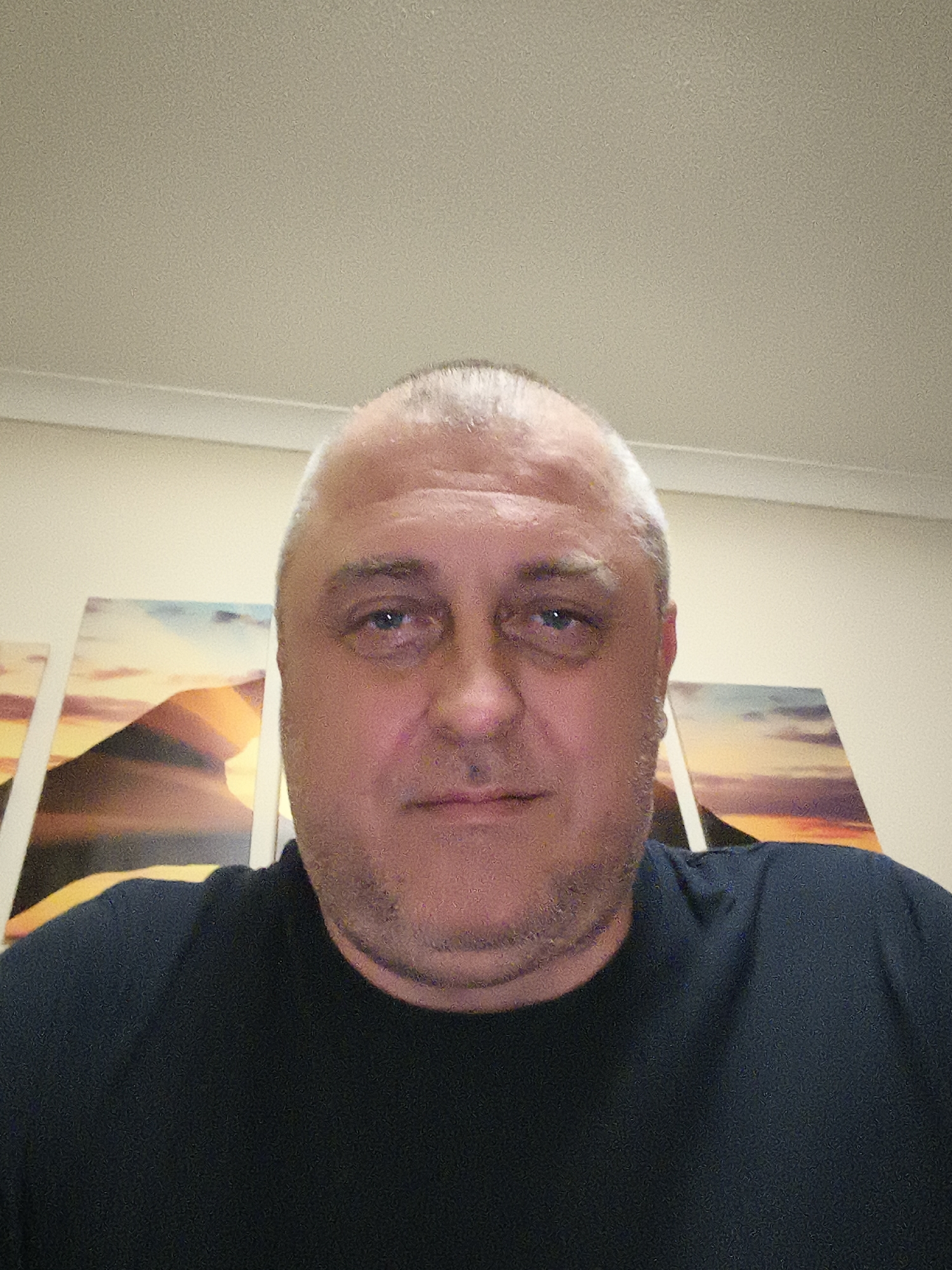 An adult man takes a selfie or portrait photo indoors. He is positioned centrally, looking directly at the camera with a neutral to slightly weary expression. He has fair skin, short-cropped or receding graying hair, and visible stubble on his chin and cheeks. He is wearing a dark, possibly navy or black, t-shirt.
The setting appears to be a room within a residence, likely in Huntingdonshire, United Kingdom, given the provided context. Behind the man is a light-colored, plain wall, possibly beige or cream. A white ceiling with a subtle texture is visible at the top of the frame. Along the upper part of the wall, there's a thin horizontal line, which could be part of the wall molding or a picture rail.
Three pieces of wall art, possibly canvases or framed prints, are arranged horizontally on the wall behind him. These artworks depict abstract or stylized landscapes, featuring warm tones of orange and yellow blending into cooler blues and purples, suggestive of a sunset, sunrise, or desert scene.
The lighting is artificial and appears to come from overhead, casting some subtle highlights on the man's forehead and shoulders. There is no visible text in the image. The time of day and weather cannot be determined from this indoor scene.