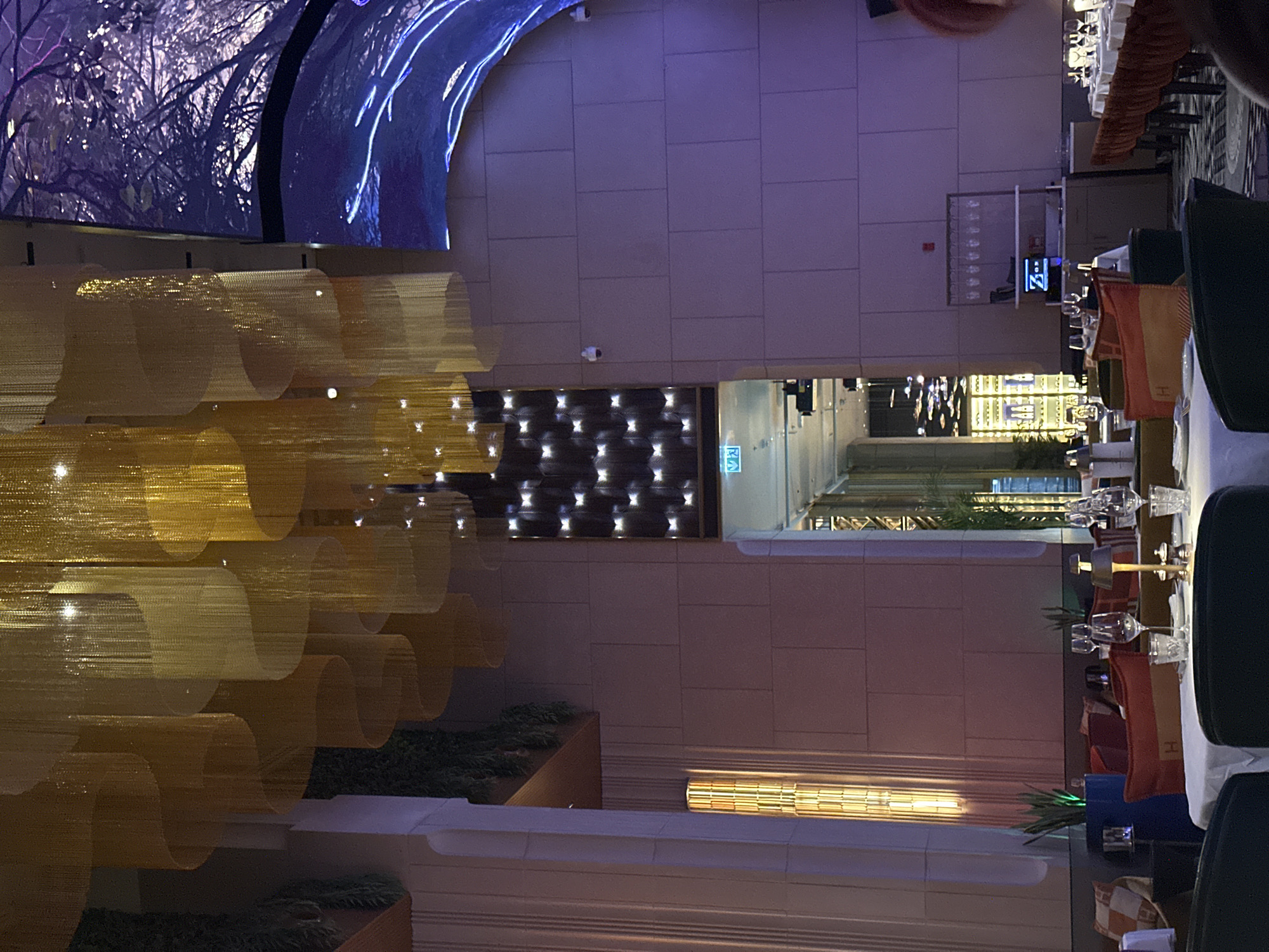This vertically oriented image captures a luxurious indoor setting, likely a high-end restaurant or lounge in Dubai, United Arab Emirates.
**Subjects:** The scene features elaborate interior design elements. On the left, a striking installation of golden, mesh-like tubular structures hangs, illuminated to create a warm, shimmering effect. Above this, a large digital display or projection spans the upper wall, showcasing abstract blue and purple patterns resembling illuminated branches or water features. The walls are tiled in a neutral grey. Towards the center, another decorative wall panel features a grid of illuminated, geometric patterns. Tables set for dining are visible on the right, adorned with white tablecloths, multiple wine glasses, and dark chairs, some with red or orange cushions, possibly indicating booth seating. A service station or bar area is present, holding various glasses. Planters with green foliage add a natural touch.
**Activity or event taking place:** While no people are directly visible, the meticulously set tables and the general ambiance suggest a high-end dining or lounge experience is either underway or anticipated. The setting is prepared for guests.
**Notable details:** The time displayed on a small digital screen near the service station is "23:05," indicating it is late evening or night. The lighting is predominantly artificial and atmospheric, with a blend of cool blue/purple tones from the digital display and warm golden hues from the decorative lighting, creating a sophisticated and contemporary mood. Two security cameras are discreetly mounted on the wall.
**Visible text:** The digital screen clearly shows "23:05". A green, illuminated "EXIT" sign is visible in the background, to the right of the central wall feature. A possible "H" logo is visible on an orange cushion or bag on one of the chairs.