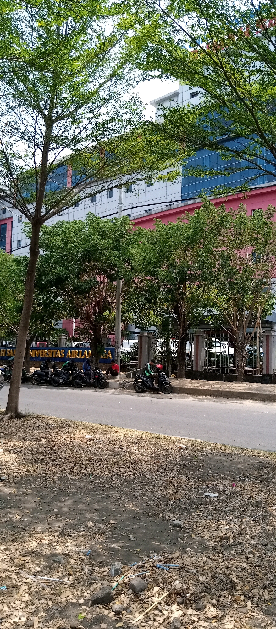 The image depicts the exterior of Universitas Airlangga in Surabaya, Indonesia. In the foreground, a paved road runs parallel to a sidewalk lined with trees. A pile of dry leaves covers the ground to the left of the road. Several motorcycles are parked along the sidewalk. In the background, a large building with a modern facade, featuring blue-tinted windows and sections of pink and white, stands behind a decorative fence and more trees. One individual, wearing a green jacket, is seated on a black motorcycle on the right side of the road, while another person in a red shirt is seated on the curb to the left of the parked motorcycles. The scene appears to be a typical day outside a university campus.