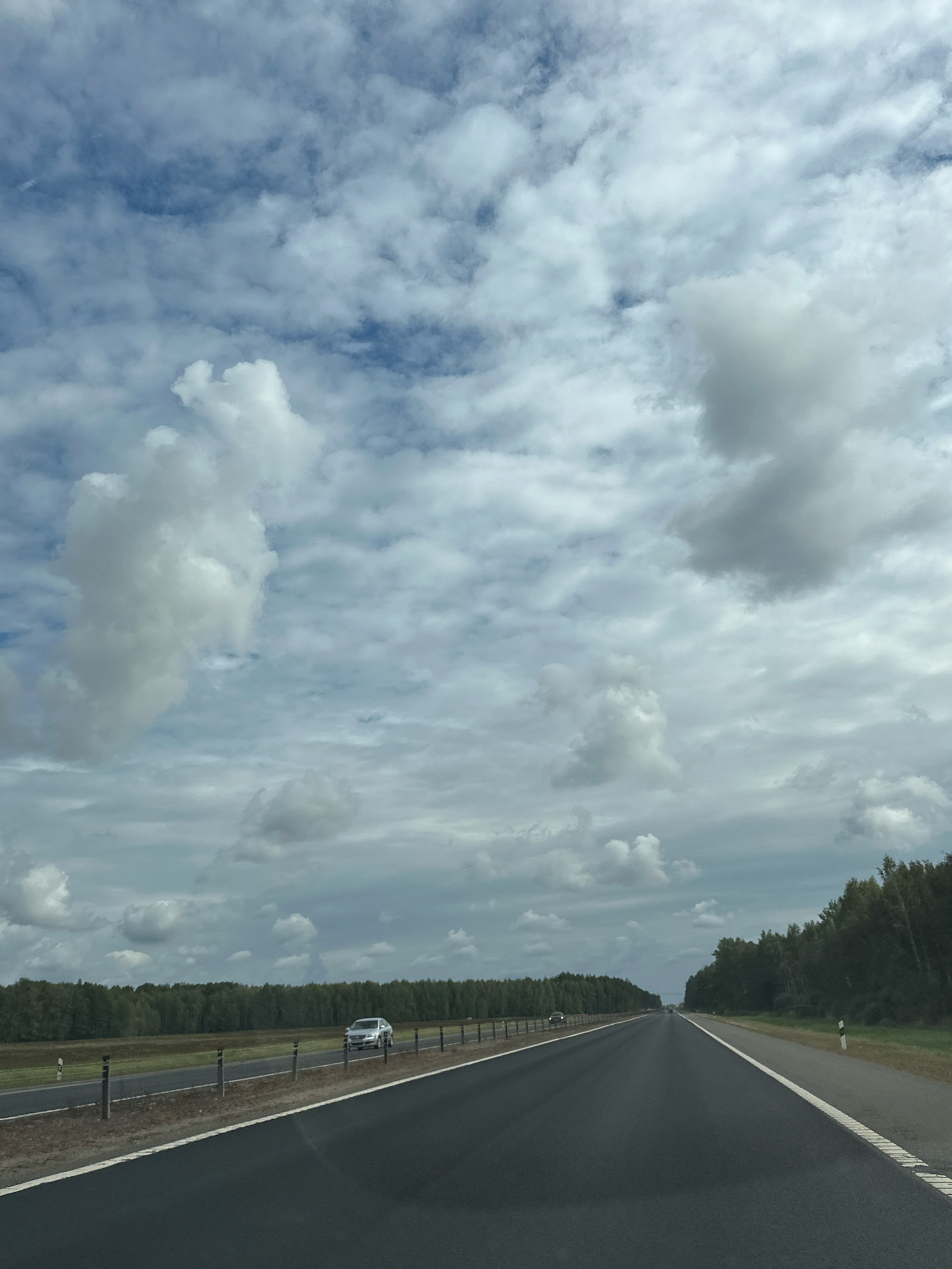 The image shows a two-lane asphalt road traveling through a rural landscape in Yasensk rural council, Belarus. The road is lined with white markings and a row of posts on the left. On the right side of the road, there is a dense forest. In the distance, there are more trees and some sparse vegetation. The sky is filled with a mix of white and gray clouds, suggesting an overcast day. A silver car is visible on the left side of the road, heading away from the viewer. The scene appears to be captured from a vehicle moving along the road.