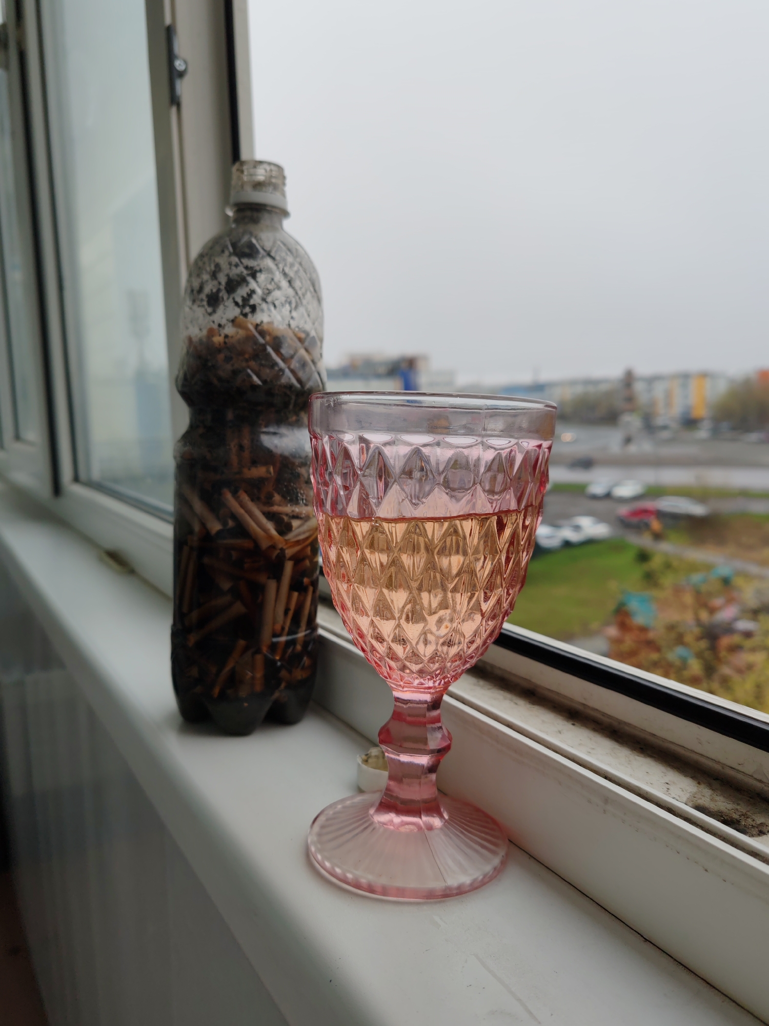 The image presents a still life on a white windowsill. A plastic bottle, mostly filled with cigarette butts and ash, stands to the left of a vintage-style pink glass filled with liquid. The view through the window shows a city landscape on an overcast day. Buildings of varying heights and colors are visible, along with some trees displaying autumn foliage. Cars are parked in the foreground. Based on the architecture and general appearance, this image is likely taken in Petropavlovsk-Kamchatsky, Russia. No people are visible in the image.