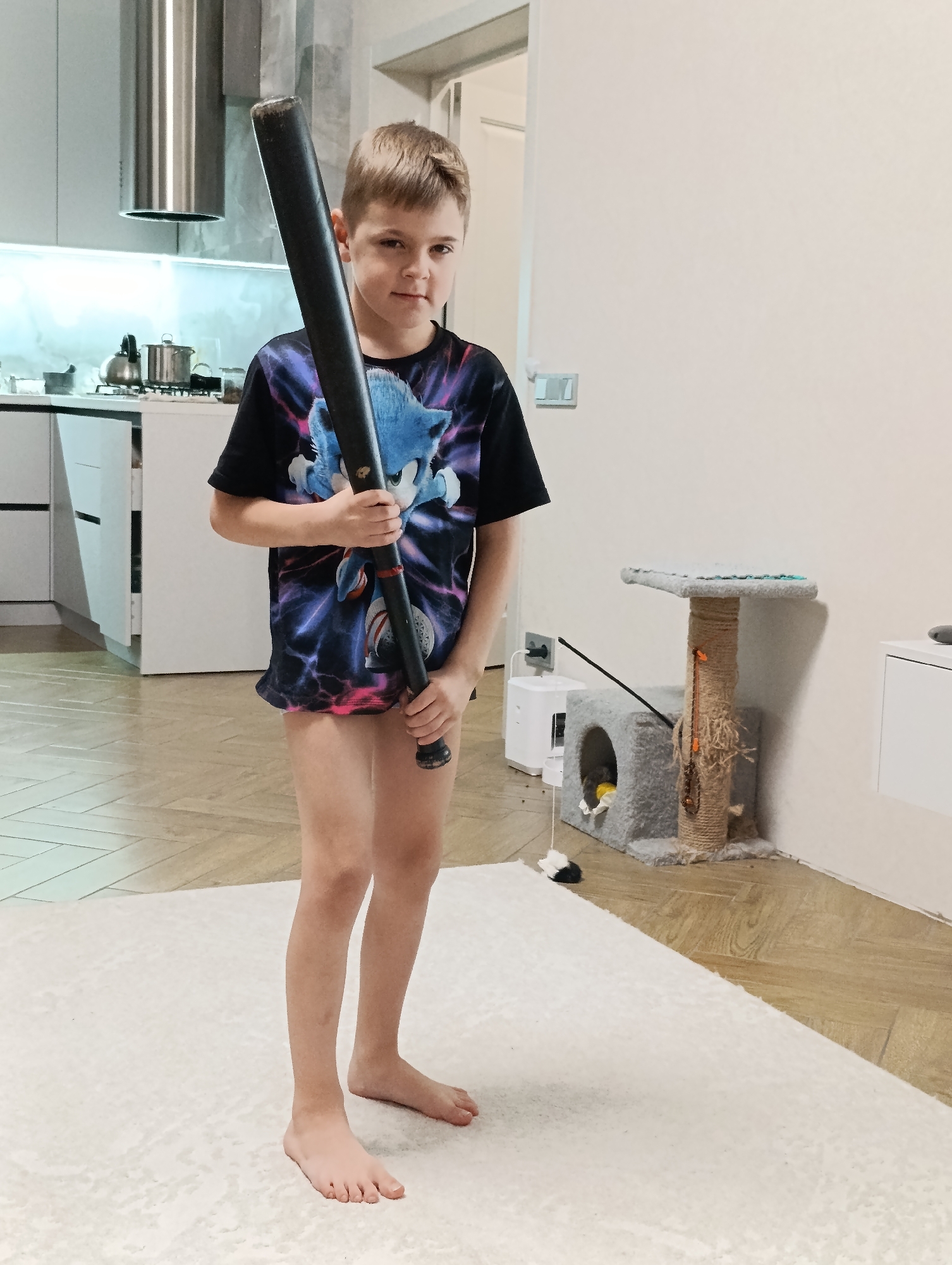 A boy is standing barefoot indoors, holding a black baseball bat. He is wearing a black t-shirt with a Sonic the Hedgehog graphic. He appears to be in a home, with a kitchen visible in the background with white cabinets and stainless steel appliances. To his right is a white wall with a light switch. Further to the right is a cat tree. A white rug is on the floor in front of him. The location is likely an apartment or house in the city of Chaikovsky, Russia.