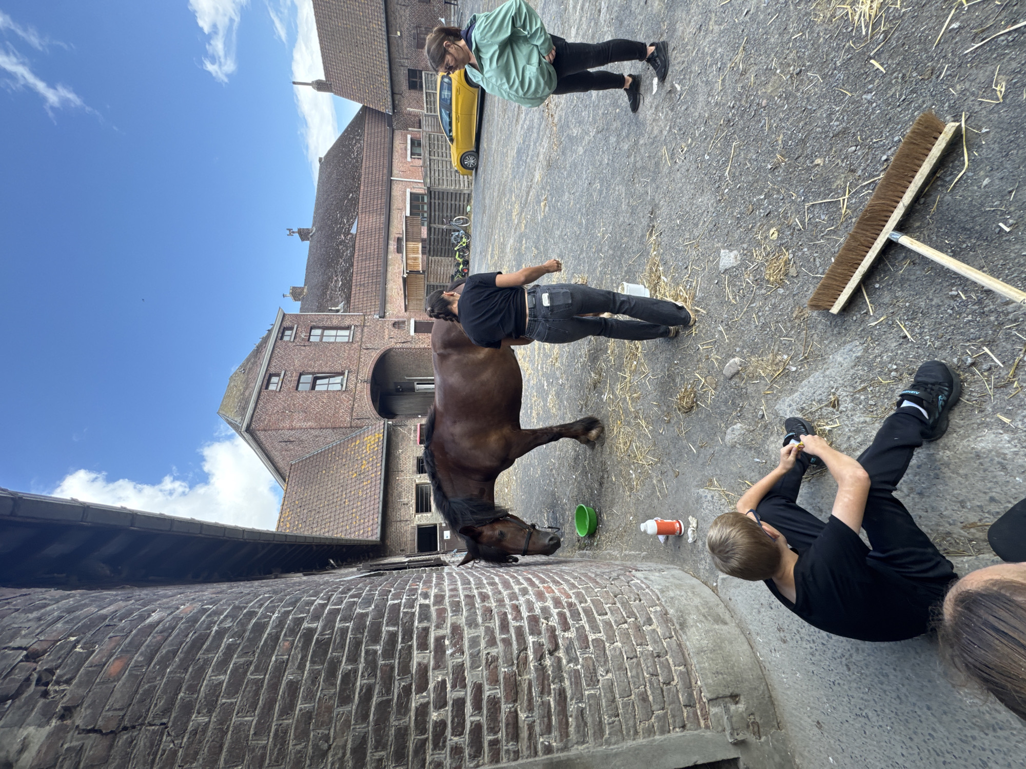 The image depicts a rural courtyard scene in Estaimpuis, Belgium. A brown horse with a dark mane is leaning its head against a large, round brick structure. Nearby, a green plastic bucket and a red and white bottle are visible on the ground. In the middle ground, two women stand facing each other, one in a black t-shirt and jeans, and the other in a green jacket and black pants. A young person in a black t-shirt and black pants sits on the ground to the left, looking at their hands. A broom lies on the ground in the foreground. In the background, traditional brick farm buildings with red tile roofs are visible, as well as a yellow car and bicycles. The sky is blue with scattered white clouds. The ground is paved with gravel and scattered with straw.