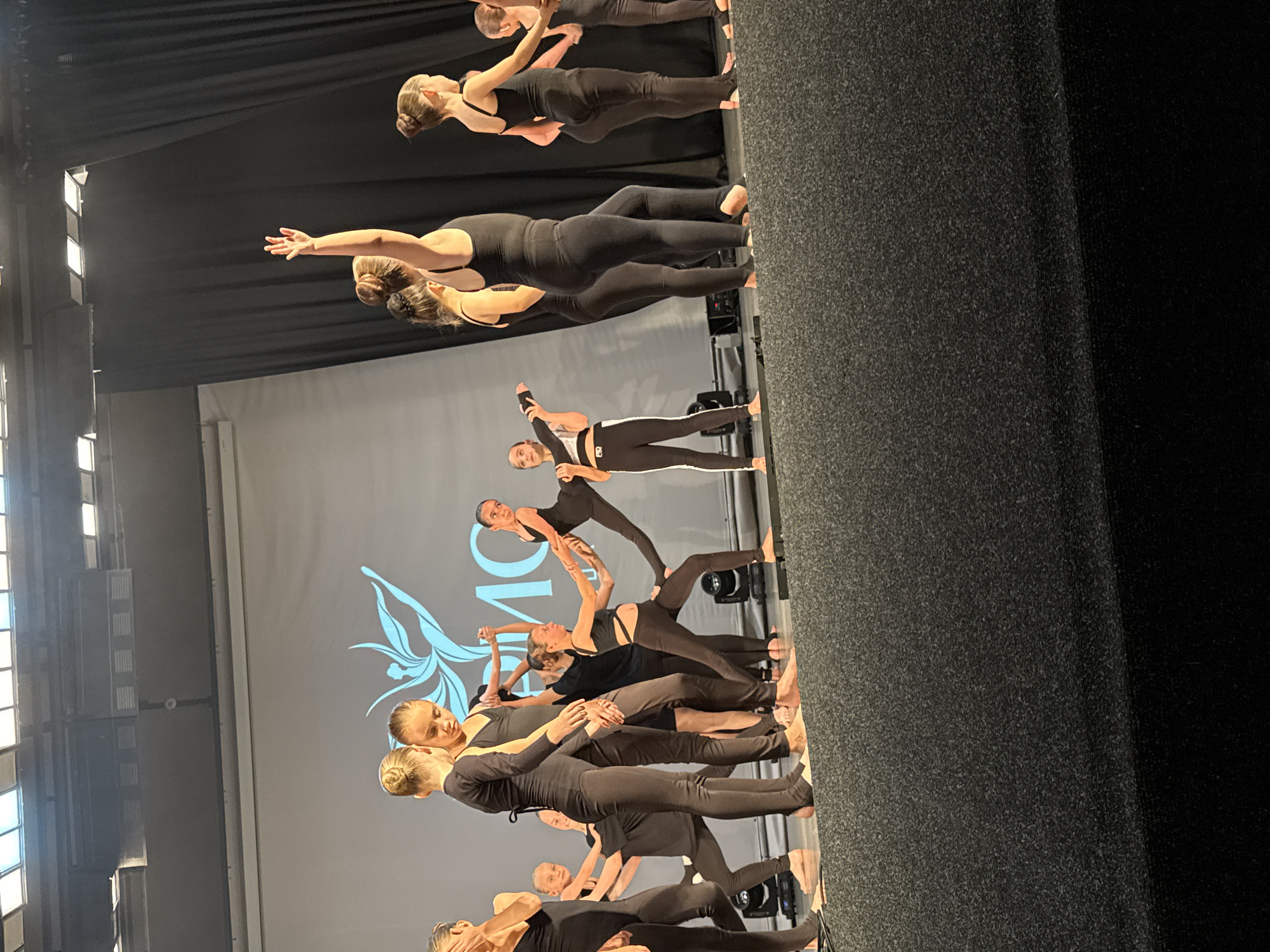 A group of young dancers, likely female, are performing on a stage. They are all dressed in black leotards and tights. The stage has a dark, textured surface, and in the background, a large screen displays a light blue logo that appears to be a stylized bird or wing. The lighting is bright, casting shadows on the stage floor. The dancers are in various poses, some interacting with each other, suggesting a choreographed performance. The overall impression is one of a dance recital or competition. The image does not provide any visual information that would suggest a specific location in the city of Sochi, Russia.
