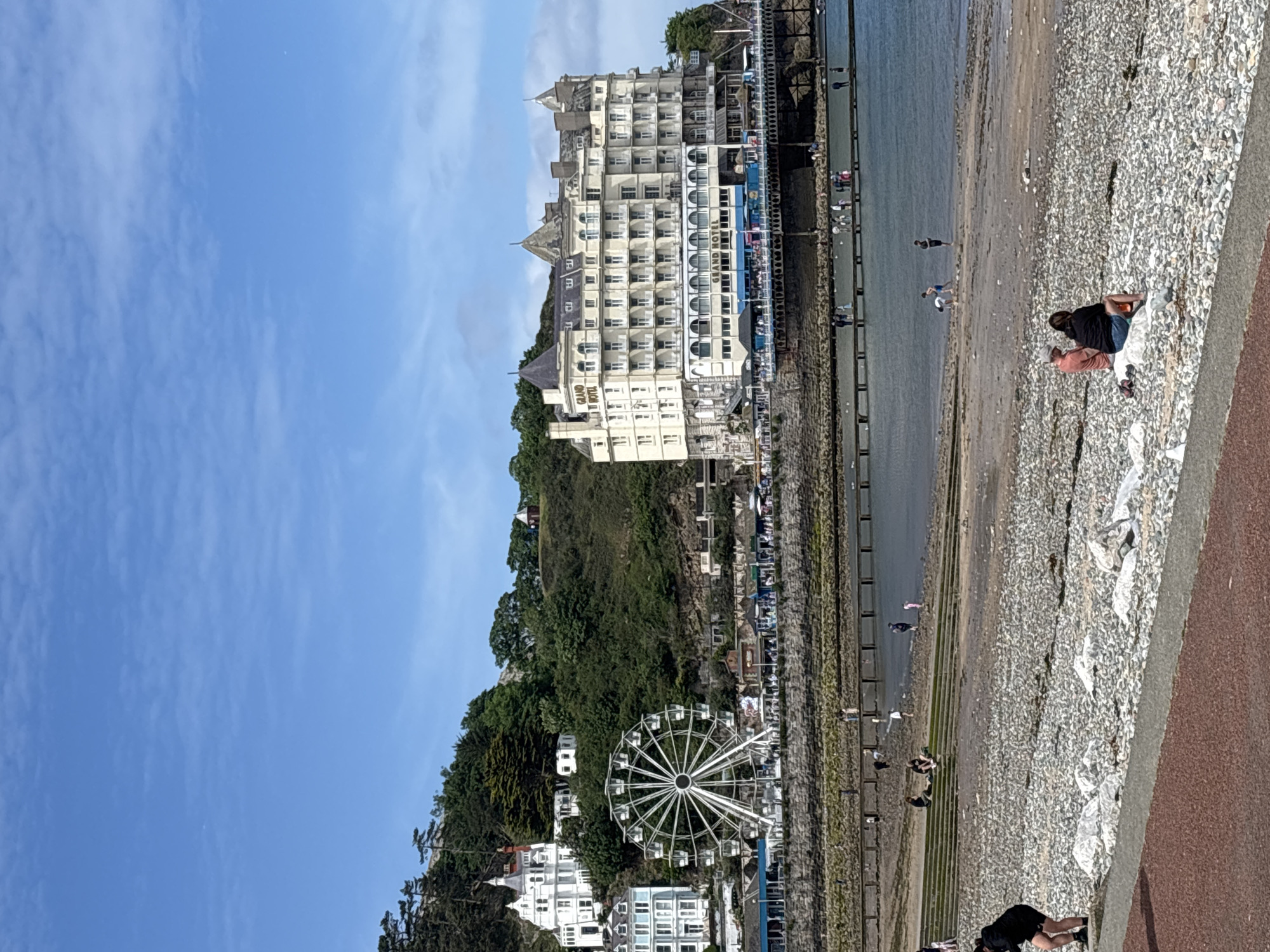 The image captures a daytime scene in Llandudno, United Kingdom. The composition features a beach, a body of water, and buildings, including the Grand Hotel and a Ferris wheel. People are present on the beach. The weather appears sunny with a blue sky. Seagulls are also seen on the beach.