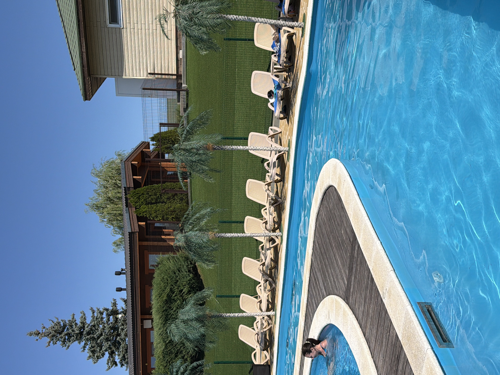In the city of Kamyshin, Russia, a residential property features a clear blue swimming pool with a curved wooden deck. A woman in a striped swimsuit is partially submerged in the pool. Surrounding the pool, several beige lounge chairs are arranged in a row, some occupied by towels or bags. Two artificial palm trees stand between the lounge chairs, and a green metal fence separates the pool area from a grassy lawn beyond. In the background, several wooden buildings with dark roofs and windows are visible, along with a taller evergreen tree and other foliage. The sky is a clear, bright blue.