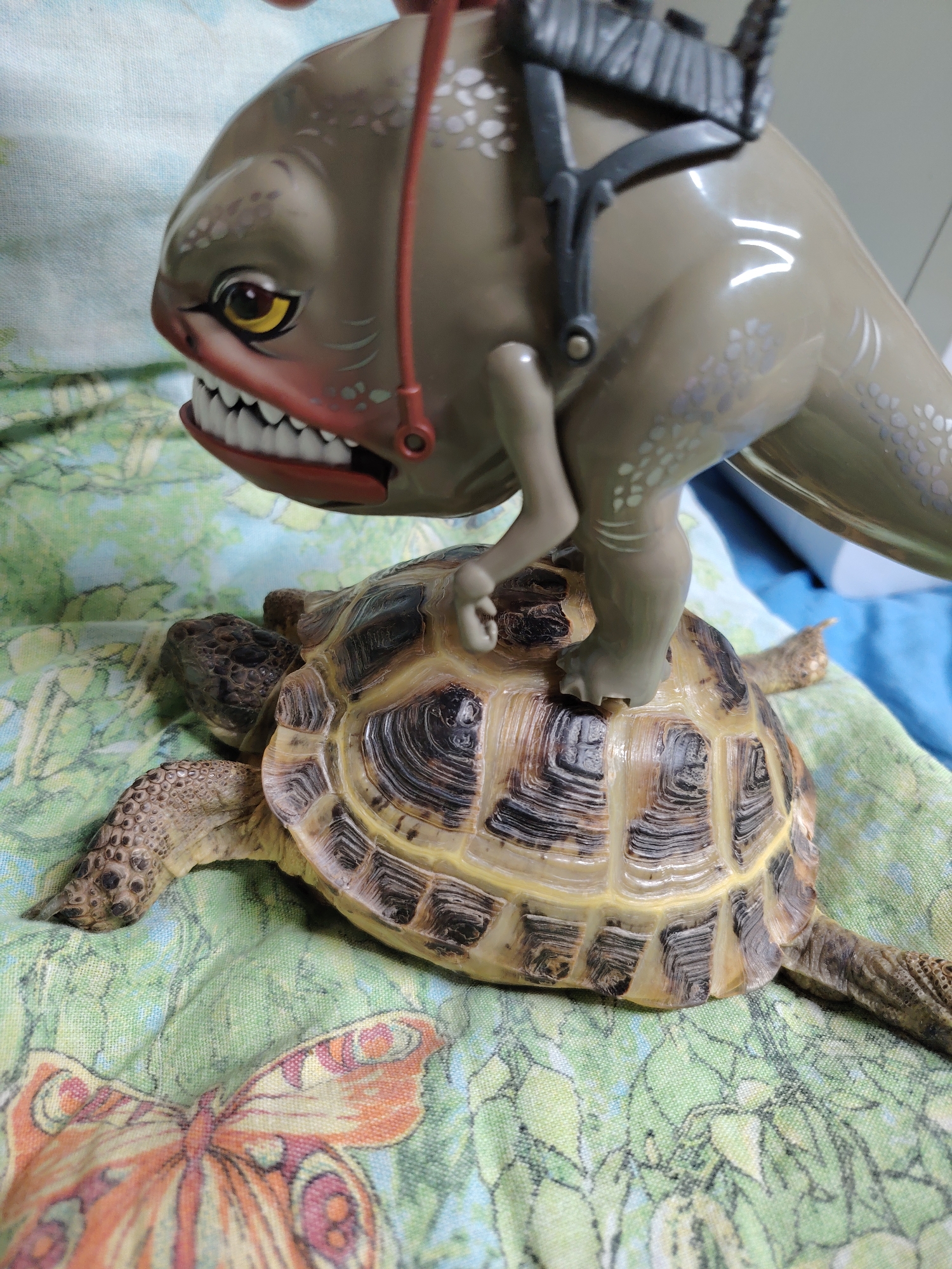 A close-up shot shows a turtle with a toy figure riding on its back. The turtle is on a green and light blue patterned cloth with a butterfly design. The toy figure appears to be a gray, humanoid creature with a fish-like head, including teeth, and a saddle-like object on its back. The location is not identifiable as the city of Chaikovsky, Russia.