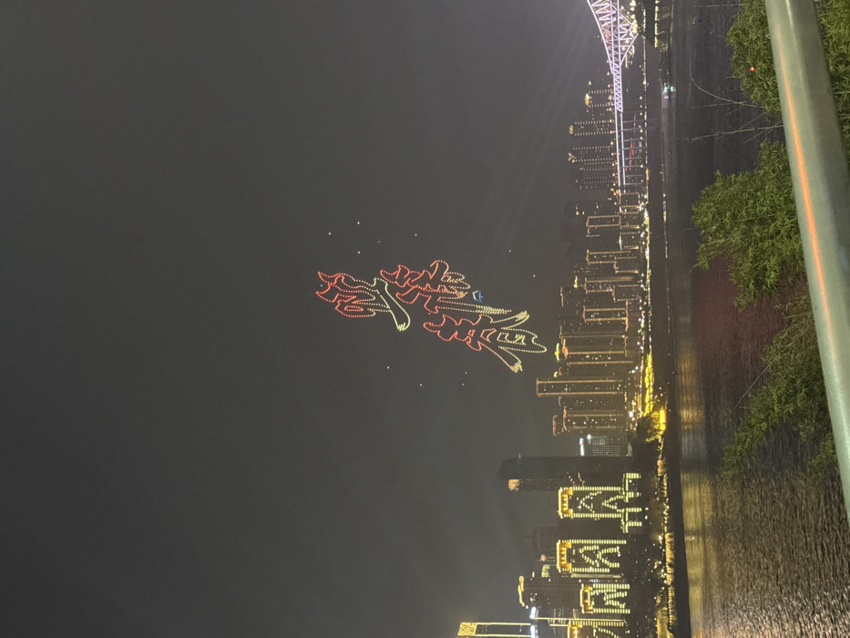 The image depicts a nighttime urban panorama in Nan'an District, Chongqing, China, viewed across a large river. In the dark, hazy sky, a drone light show forms two vertical Chinese characters: "献" (xiàn) above and "龙" (lóng) below, rendered in illuminated red and yellow-green lights. Numerous smaller, scattered light points, indicative of individual drones, are visible around the main character formation.
Across the river, a densely built cityscape is illuminated. High-rise buildings along the riverfront display bright architectural lighting, with some facades featuring distinctive golden-yellow patterns. To the far right, a large bridge, likely spanning the river, is extensively lit with white lights across its structure and supports. The river itself occupies the lower central and left portions of the frame, reflecting minimal city lights on its dark surface. In the immediate foreground, a patch of green foliage, possibly bamboo, is visible on the lower right, partially obscured by a metallic gray railing with an orange-red reflective strip. No individuals are visible.