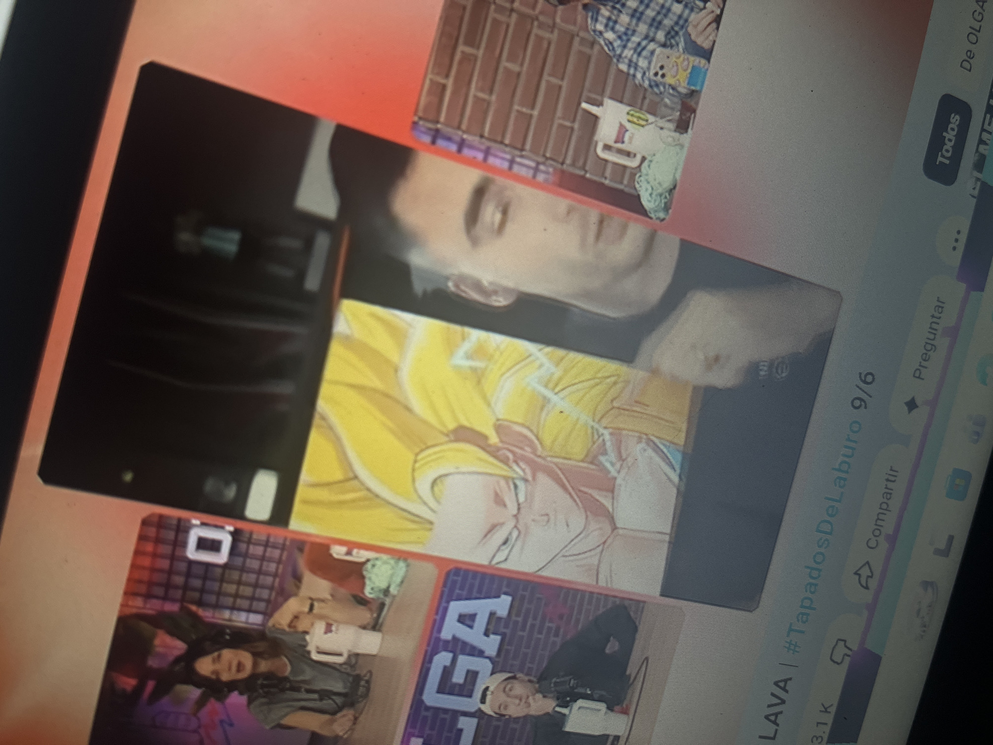 The image shows a screenshot of a streaming platform, possibly YouTube or Twitch, displaying multiple video feeds. In the top left, a woman with dark hair is seated, wearing headphones, and holding a white mug. To her right, a portion of a graphic with the text "OLGA" is visible. The central and largest frame features an anime-style drawing of a character with spiky blonde hair, resembling Goku from Dragon Ball Z. To the right of the anime drawing, a man's profile is visible, with dark hair and a serious expression. Below the central frames, there is text that appears to be a title or description, reading "LAVA | #TapadosDeLaburo 9/6". Further down, there are icons for likes, sharing ("Compartir"), and other interactive elements. In the bottom right corner, a button labeled "Todos" (Spanish for "All") is visible, alongside partial text that may indicate the platform or creator, "De OLGA". There is no discernible information or context within the image that places it in Santa Ana, Venezuela.
