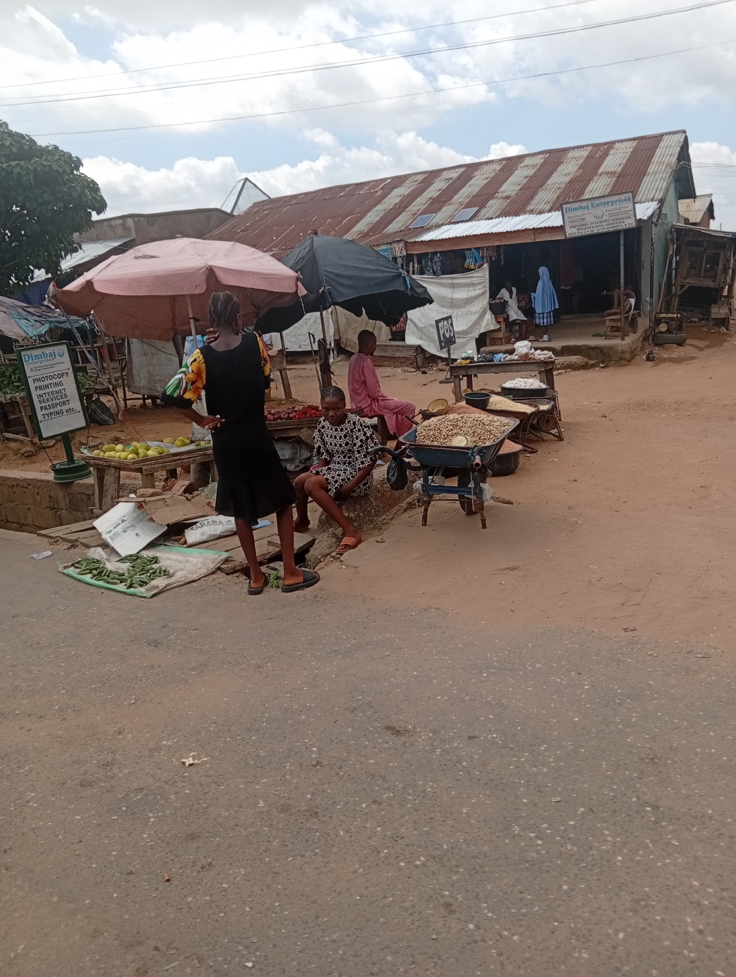 The image depicts a street scene in Jalingo, Nigeria, with a focus on a roadside market. The foreground shows a dusty, paved road. To the left, a raised concrete curb is lined with a collection of green beans spread on a light-colored sack, accompanied by some small, light-colored objects. Adjacent to this, a wooden table displays a pile of yellow fruits, possibly plantains or mangoes, under a large, light-pink umbrella. Behind the fruits, a white sign with text, including "Dimbaj Enterprises," is visible.
In the middle ground, several individuals are present. A young girl in a black dress with a colorful floral pattern stands with her back to the camera, looking towards the market. To her right, a person in a black and white patterned dress sits on a stone or low wall. Further into the market area, under a black umbrella, a person in a pink outfit is seated. A wheelbarrow filled with peanuts or similar legumes is prominently displayed. Various stalls and structures, including a building with a corrugated metal roof labeled "Dimbaj Enterprises," form the backdrop. Other market goods, such as onions and other produce, are arranged on tables and in containers. The environment appears to be a typical urban street market with a mix of commerce and daily life. The sky above is partly cloudy.