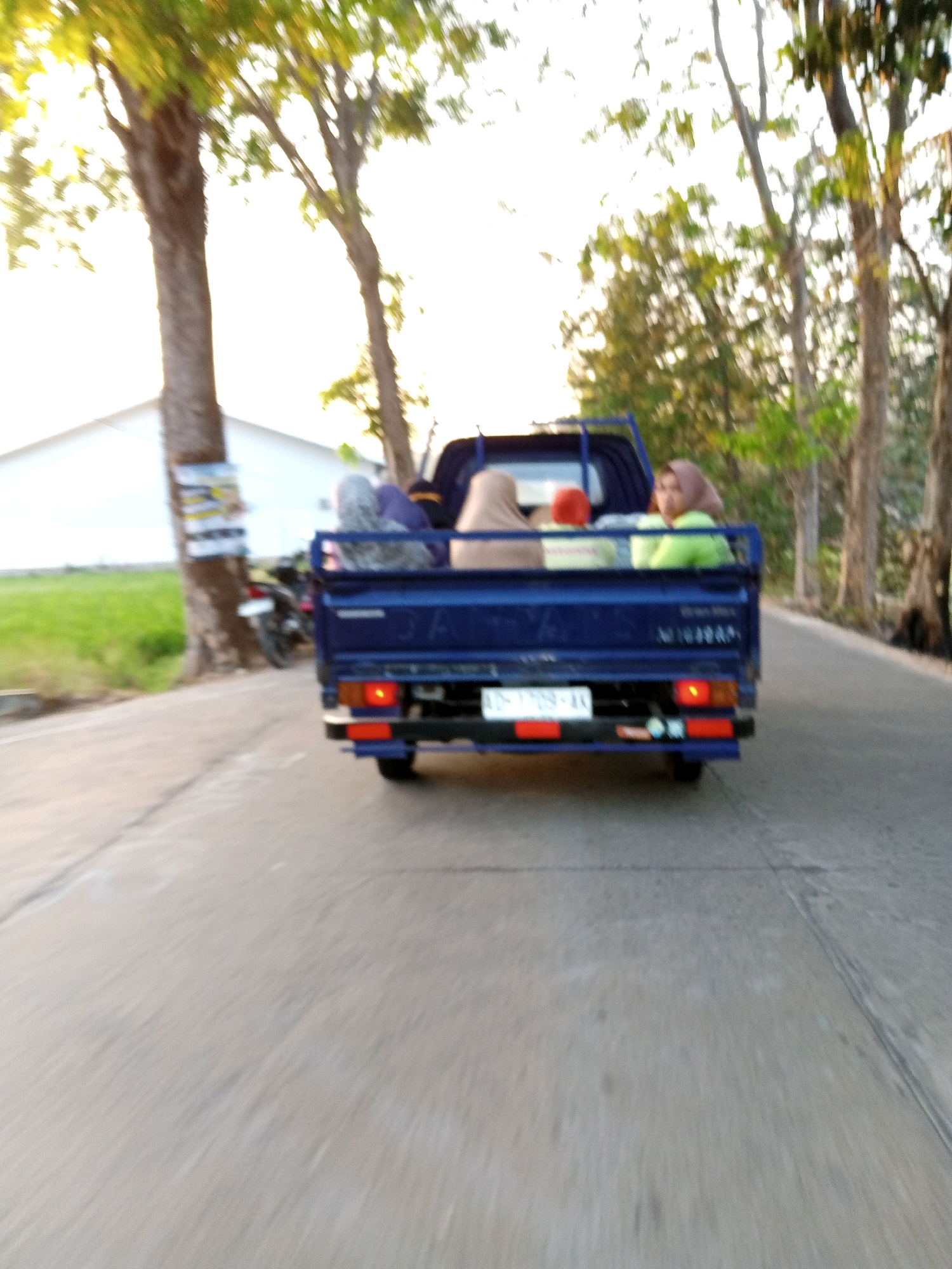 A blurry, medium shot captures the rear of a dark blue pickup truck driving on a paved road. The truck bed is occupied by three individuals, two wearing headscarves and one a red cap. A motorcycle is parked to the left of the truck, near a tree with a poster affixed to it. The background shows lush green fields and a line of trees, with a bright, overcast sky. The image appears to be taken in Jagan, Indonesia, based on the license plate which reads "AD 1709 AA". The overall scene depicts everyday transportation in a rural or suburban setting, with the motion blur suggesting the image was taken from a moving vehicle.