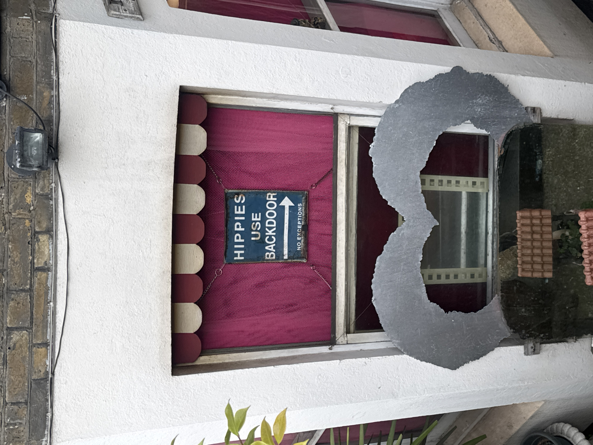 This image captures the exterior facade of a building, likely a shop or residence, in London, United Kingdom. The central feature is a window set into a white, textured stucco wall. To the left of the window, the wall transitions to exposed brickwork, where a black outdoor light fixture with a visible bulb is mounted. Electrical wires run horizontally and vertically along the brick and stucco.
The window frame appears to be made of wood or a light-colored material. Behind the glass, a deep red or maroon sheer curtain or mesh is visible, providing privacy while allowing some light. To the left of the window, partially obscuring the curtain, is a decorative element resembling a small awning or valance with alternating red and cream-colored scalloped sections.
A prominent, rectangular blue sign with white lettering hangs in the center of the window, suspended by chains. The text on the sign reads: "HIPPIES USE BACKDOOR" with a white arrow pointing upwards. Below this, in smaller print, it states "NO EXCEPTIONS."
To the right of the central window, a large, irregularly shaped grey object, resembling a cut-out from slate or metal, partially covers another window or opening. This object has a crescent-like or abstract organic form. Through the partially obscured opening, some brown, textured objects, possibly terracotta pots or decorative items, can be glimpsed.
At the very bottom of the image, some green and yellow foliage from plants is visible. The lighting suggests daytime, possibly overcast or in shadow, as there are no harsh shadows. The overall impression is of a unique and somewhat quirky establishment. No explicit activity is taking place; the scene is static.