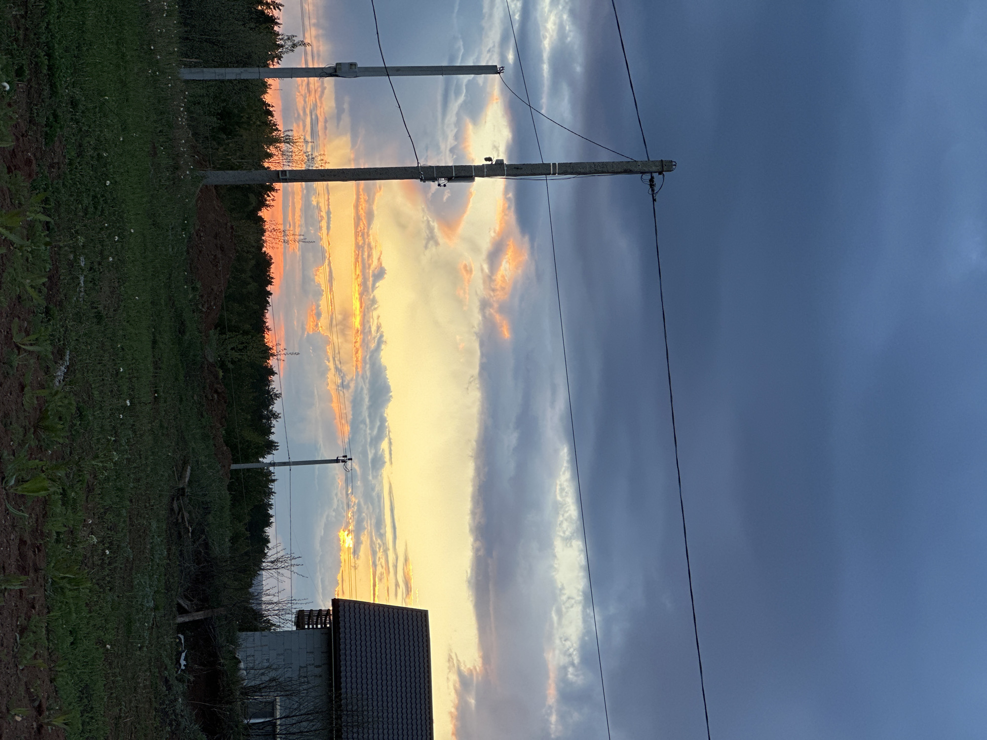The image shows an outdoor scene in Прикамский, Russia at dusk. The sky is divided into two contrasting sections: a vivid orange and yellow sunset on the left, and a dark blue, cloudy area on the right. The ground area features a green grassy landscape with a line of trees and vegetation running along the horizon. In the foreground, there is a building with a dark-colored tiled roof. Electrical poles with wires are visible, running across the scene from the foreground to the horizon, bisecting the sky. The overall setting conveys a sense of transition from day to night, with the colors of the sunset casting a warm glow on the landscape.