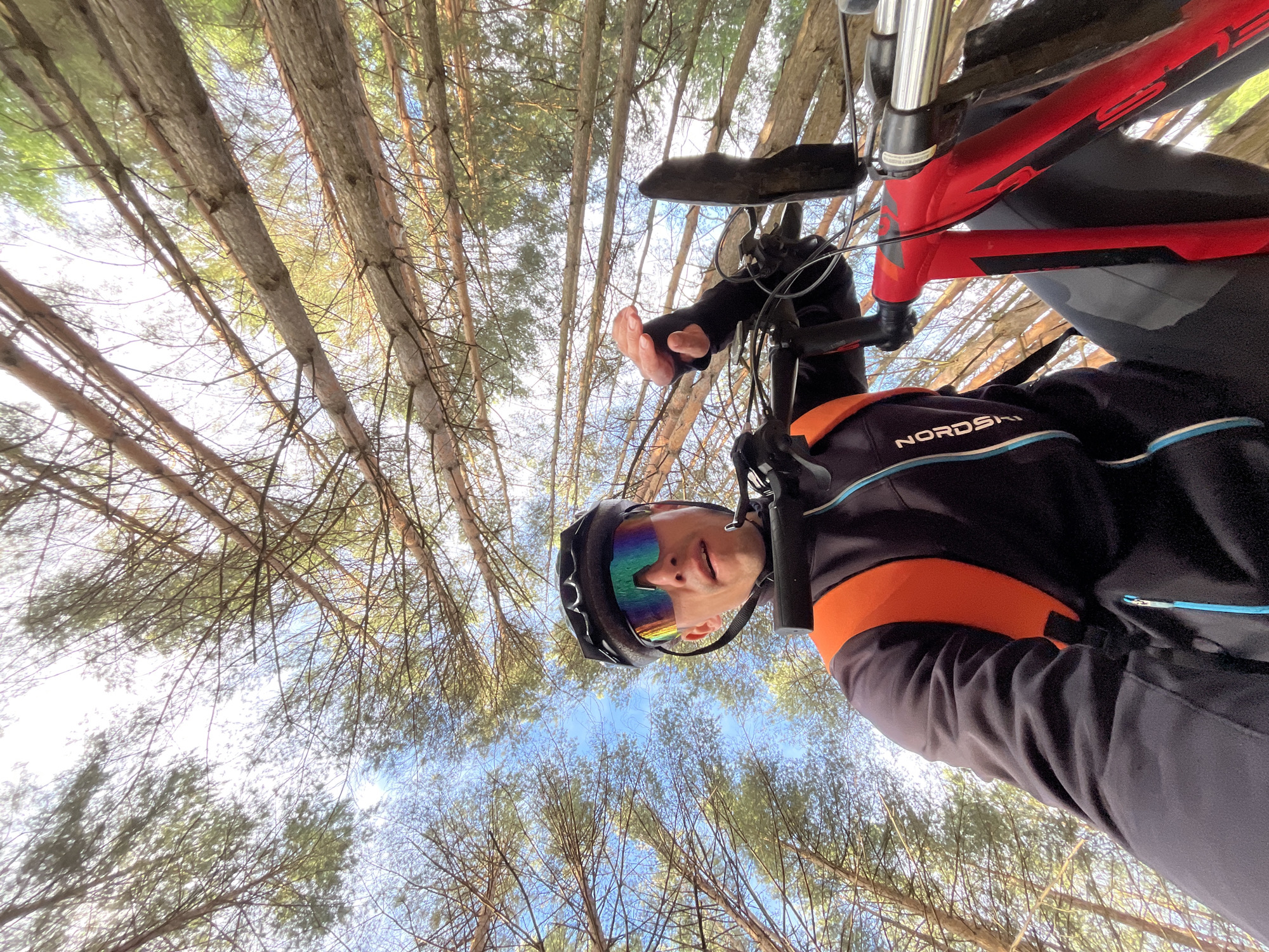 The image is a low-angle, selfie-style shot of a person on a bicycle, looking up at the sky through a canopy of tall pine trees. The person is wearing a black cycling helmet with iridescent sunglasses, a black and orange jacket, and grey cycling shorts. The bicycle has a red frame and is partially visible. The sky is blue with some white clouds. The location is described as Chaikovsky, Russia.