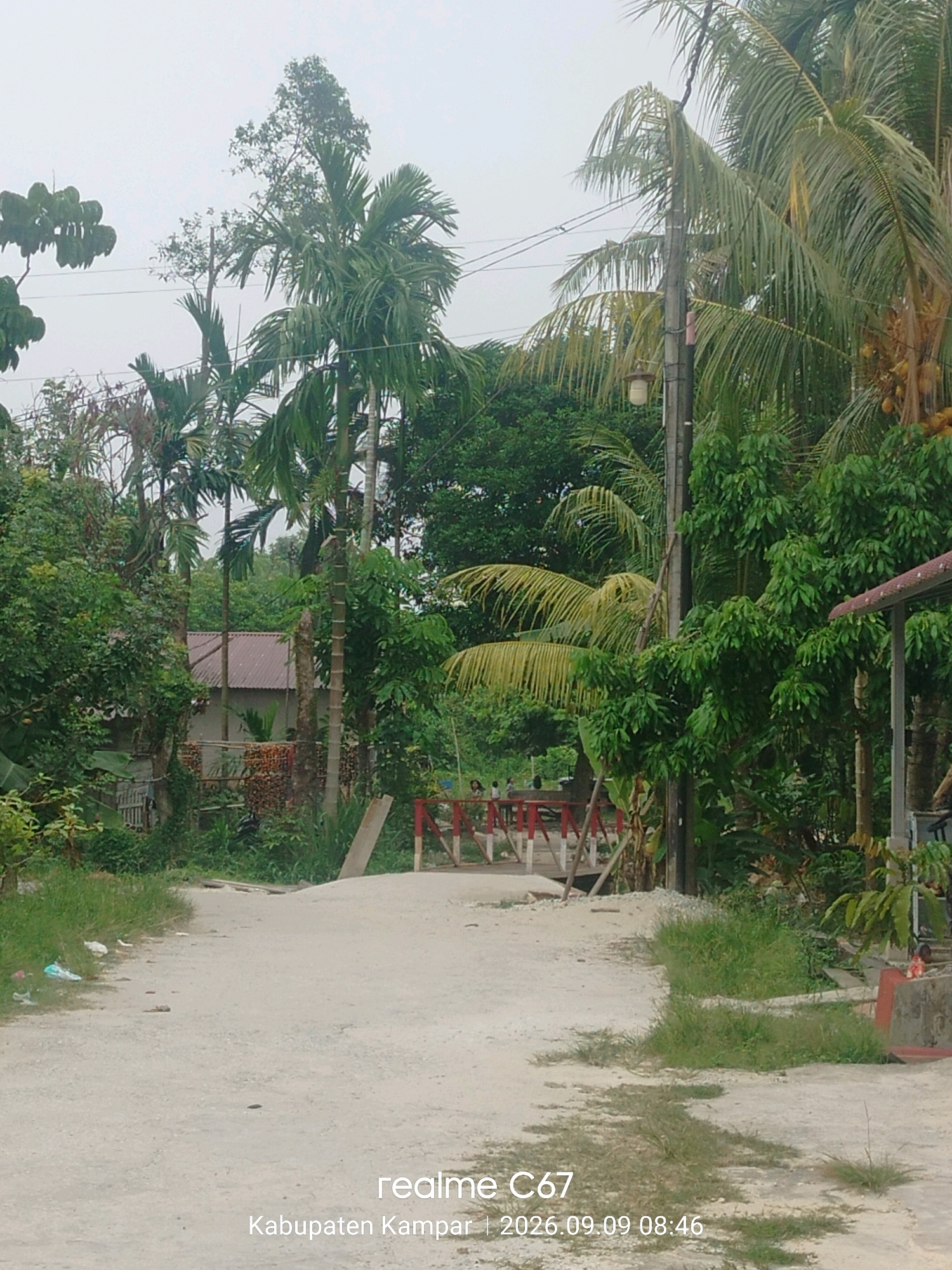 A dirt road leads through a densely vegetated area with palm trees and other foliage. A small, light-colored building with a corrugated metal roof is visible on the left side of the road, partially obscured by trees. A red and white striped barrier or railing is situated across the road further ahead, with a few figures present near it. The sky is overcast and the overall lighting suggests a dim or hazy day. The lower right corner of the image displays a watermark that reads "realme C67 Kabupaten Kampar | 2026.09.09 08:46".