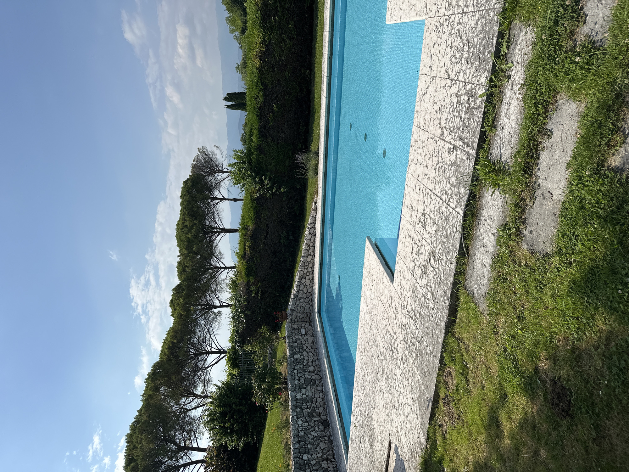 The image shows a swimming pool in a private yard on a sunny day. The pool is rectangular and filled with bright blue water, with a mosaic tile bottom. The pool deck is made of light-colored stone tiles, and there is grass surrounding the pool. In the background, there is a stone wall, a hedge, a row of tall pine trees, and distant hills. The sky is blue with some scattered white clouds. There are no people or animals visible in the image. The location is described as being in Conegliano, Italy.