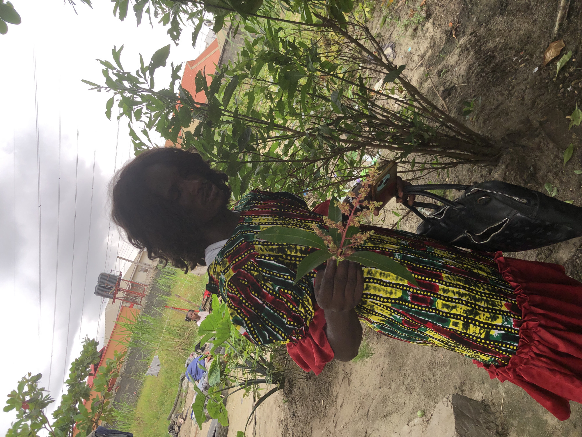 A person stands in what appears to be a somewhat unkempt, outdoor area in Ado, Nigeria. The person is wearing a colorful, patterned dress with puffy sleeves and a ruffled hem, and is holding a branch with small flowers and leaves. They also have a black handbag. In the background, there are buildings, tall grass, and what looks like a water tank. The sky is overcast. A young child can be seen in the distance in the background, sitting down. There are also some scattered objects, including tires and what might be clothing or fabric. The ground is sandy and uneven, with some small plants growing.
