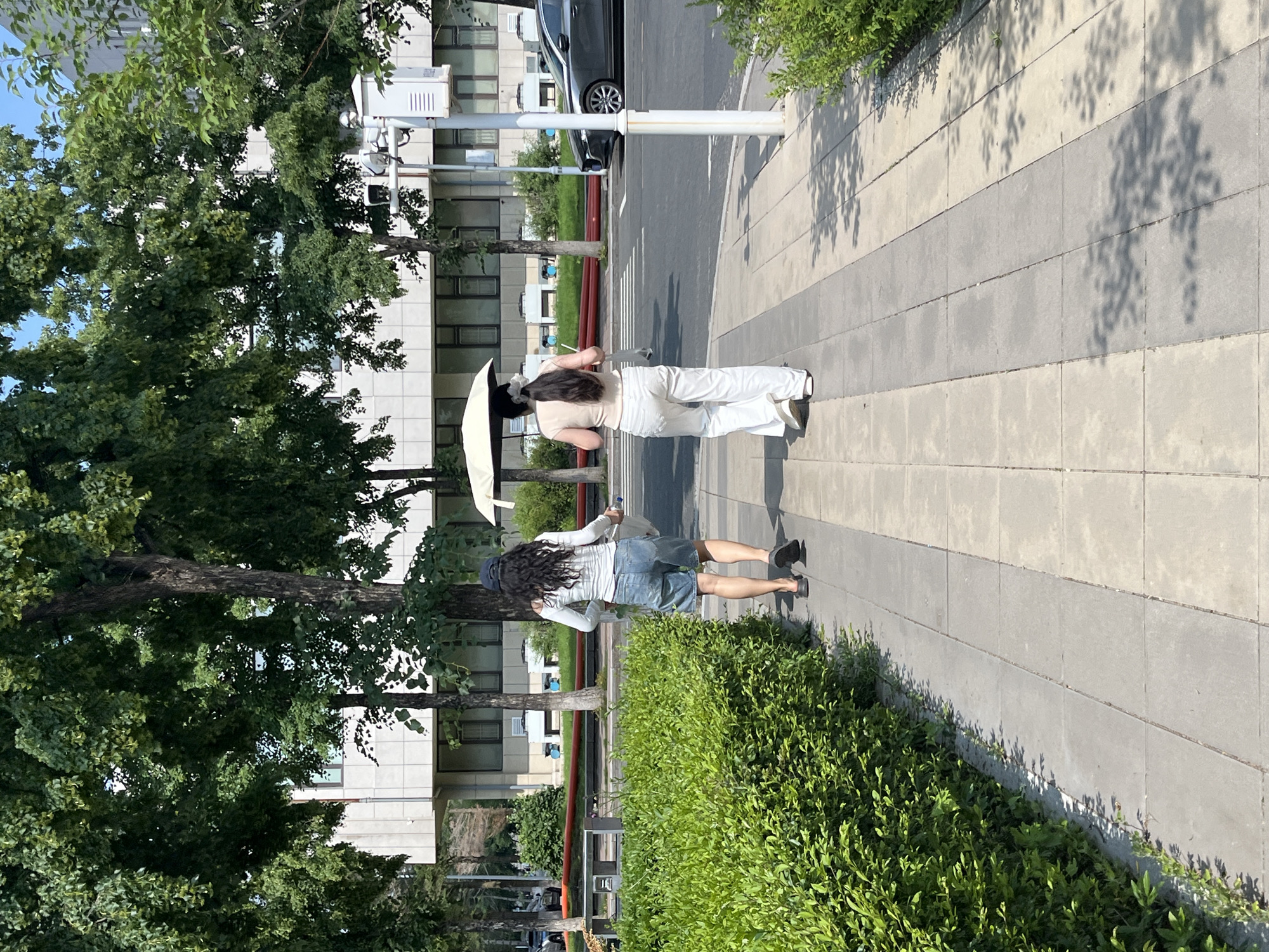 The image captures a sunny day scene on a sidewalk in Changchun City, China. Two individuals are walking away from the camera on a paved sidewalk lined with lush green hedges. In the background, a modern building with numerous windows stands behind a row of trees. Across the street, a gray car is visible. One person is wearing a white long-sleeved shirt and denim shorts, while the other is in a light-colored sleeveless top and white trousers, holding a white umbrella. The atmosphere suggests a casual urban environment.