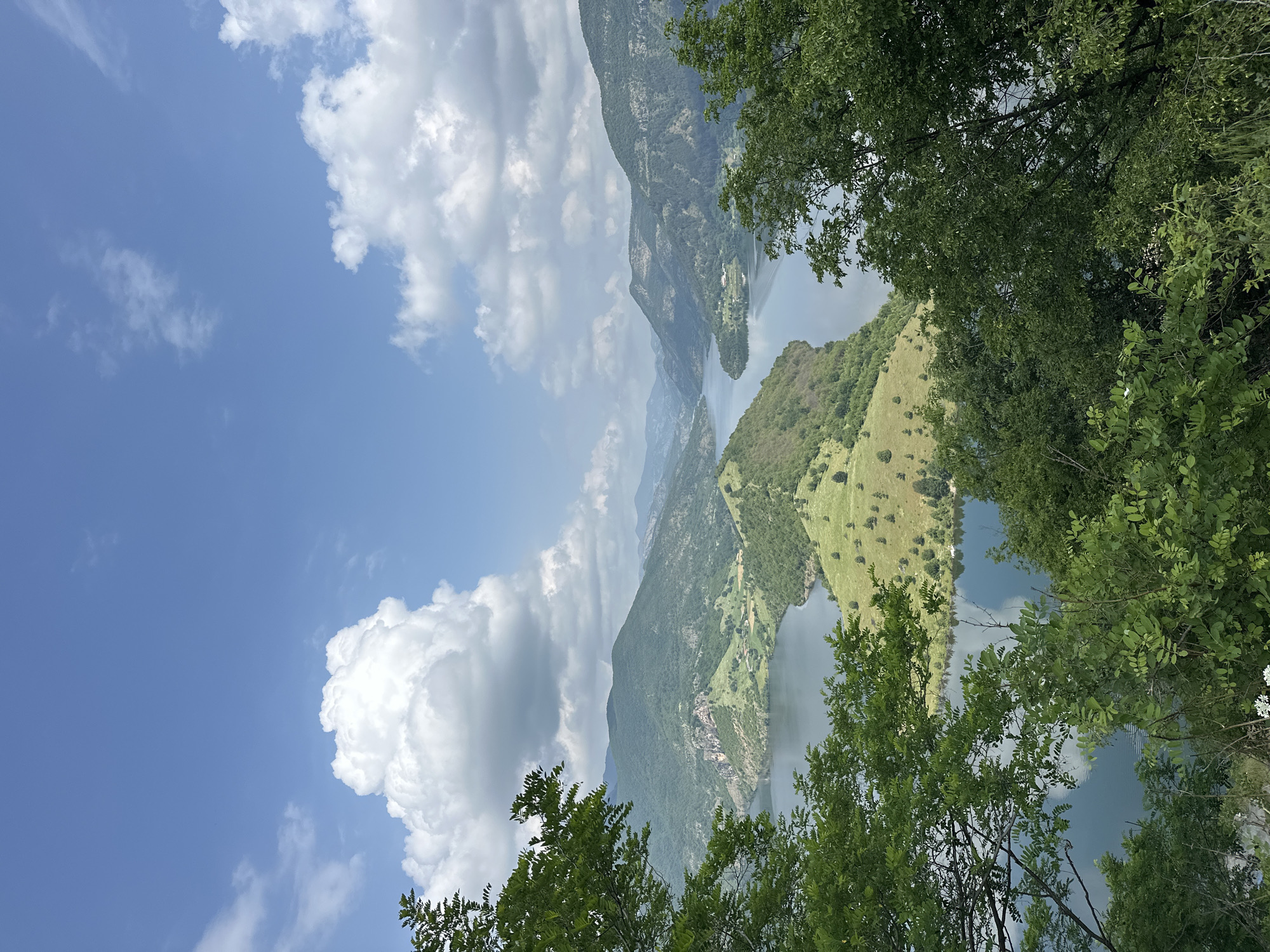 This scenic photograph captures a vast natural landscape, likely the Borovitsa Reservoir in Bulgaria, showcasing a serene body of water nestled amidst rolling, verdant mountains under a bright sky. The tranquil water winds through the mountainous terrain, reflecting patches of the sky and clouds with subtle ripples.
The sky in the upper portion of the image is a clear, vibrant blue, adorned with fluffy white cumulus clouds of various sizes. These clouds indicate fair weather and contribute to the bright illumination of the scene.
The surrounding mountains and hills are densely covered in lush green foliage, predominantly trees, suggesting a rich forest ecosystem. Their slopes descend steeply towards the water's edge, creating a dramatic and picturesque vista. Some sections of the hills feature more open, grassy patches, adding textural variety to the landscape.
In the foreground, the view is partially framed by the vibrant green leaves and branches of several deciduous trees, adding depth and a natural border to the composition. These foreground trees are sharply detailed, contrasting with the softer focus of the distant scenery.
The image conveys a strong sense of peacefulness and natural grandeur. The lighting indicates it is daytime, probably late morning or early afternoon, under clear weather conditions. There are no visible people, animals, or prominent man-made structures, emphasizing the untouched beauty of the natural environment. No text is visible within the image.