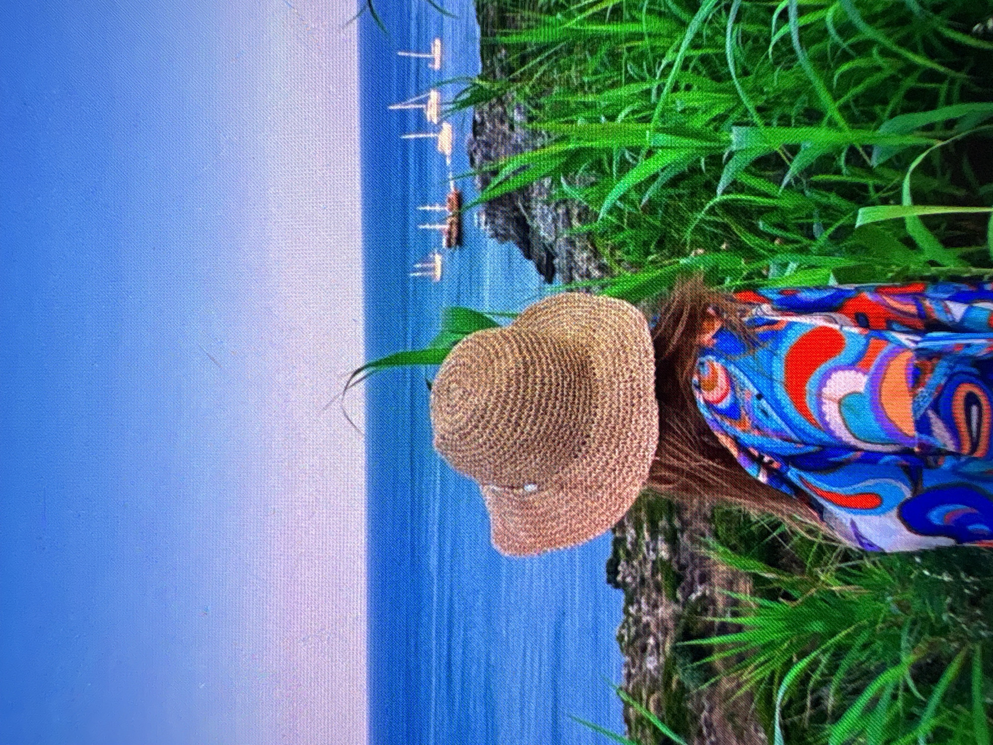 A person with a straw hat stands on a cliff overlooking the ocean. The person is wearing a brightly colored dress. There are boats in the distance. The scene is bordered by grass.