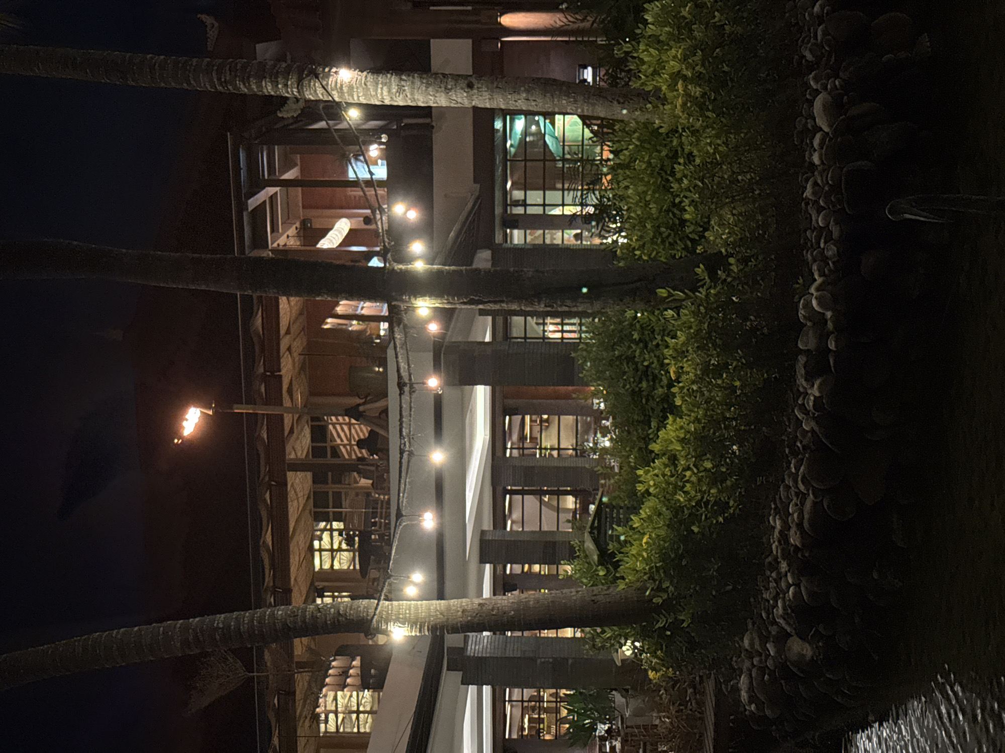 The image displays an inviting outdoor night scene, likely a resort or restaurant area, captured in Kuta Selatan, Indonesia. The dark sky confirms it is nighttime, with artificial lighting illuminating the surroundings.
In the foreground, three prominent palm tree trunks diagonally traverse the frame. Strung between these trees are multiple lines of warm, glowing string lights, creating a festive and soft ambiance. To the left, a flaming torch mounted on a pole emits a bright, orange light.
The background features a multi-story building with numerous large windows, through which interior lights are visible. Inside one window, a distinct light fixture with several curved white elements can be seen, while another section reveals a greenish-blue art installation or partition. The building appears to incorporate wooden architectural details or balconies.
To the right of the scene, a dense band of green bushes and shrubbery runs horizontally, separating the building from a body of water. Below this foliage, a stone wall constructed from numerous rounded rocks forms a textured boundary. The calm surface of the water, possibly a pond or pool, is visible on the far right, gently reflecting the ambient lights.
The overall atmosphere is tranquil and relaxing, suggesting a serene evening environment. There are no people visible, nor is there any discernible text within the image.