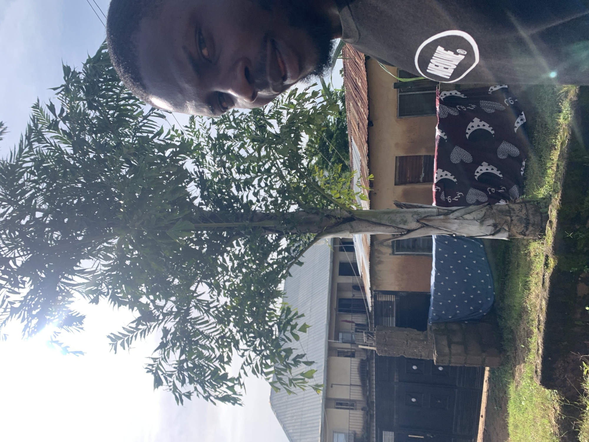The image, taken outdoors in what is identified as Rafin Par, Nigeria, features a young Black man in the foreground, positioned to the right of a slender tree. He is looking towards the camera with a slight smile, and is wearing a dark t-shirt with a white oval logo that reads "NEOUNE." Behind the man and the tree, a two-story building with a corrugated metal roof and light-colored walls is visible, along with a lower building with a rusted corrugated metal roof. A black metal gate is also present. Two pieces of fabric, one blue with white triangular patterns and the other dark with white heart and crescent moon designs, are draped over a structure in front of the lower building. The scene appears to be a residential area, with elements of everyday life visible. The lighting suggests it is daytime, with bright sunlight casting shadows and creating lens flare.