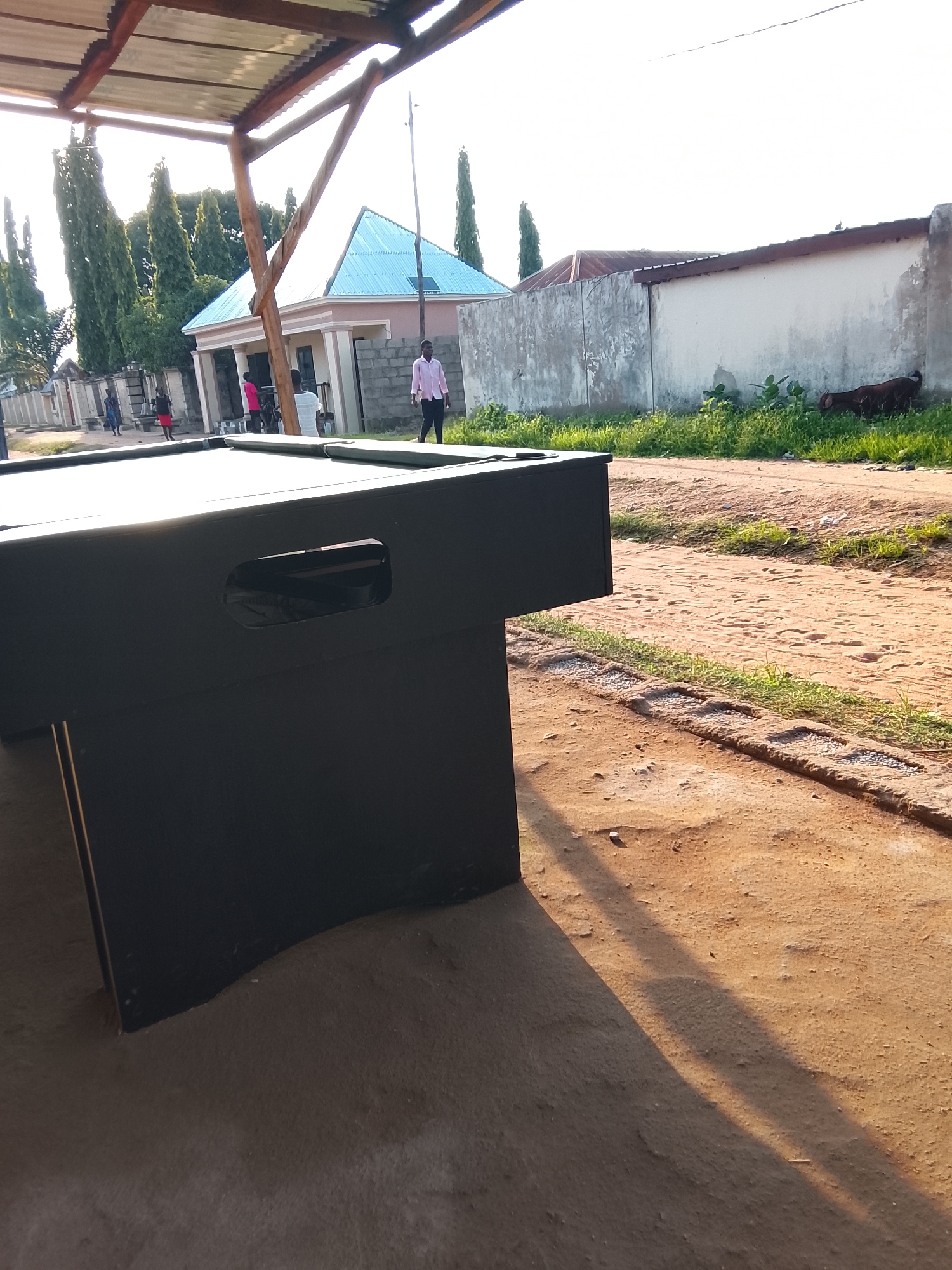 The image depicts an outdoor scene, likely in a warm climate given the sunlight and vegetation. In the foreground, a large, dark-colored object, possibly a table or furniture with cutouts on its side, dominates the lower portion of the frame. The surface of this object is covered with a green material, reminiscent of a pool table.
In the background, a dirt road stretches towards a building with a light blue roof and white walls, supported by pillars. Several people are visible near the building, including a person in a pink shirt and dark pants standing by the road. Further down the road, more individuals can be seen walking. To the left of the building, a row of tall, slender trees stands against the sky. To the right of the building, a concrete wall separates the property from a grassy area where at least two goats are grazing.
The sunlight casts long shadows, indicating that it is likely late afternoon or early morning. The sky is bright and appears clear, suggesting fair weather. The overall setting seems to be a residential or public area with a somewhat rustic, unpaved road. No text is visible in the image.