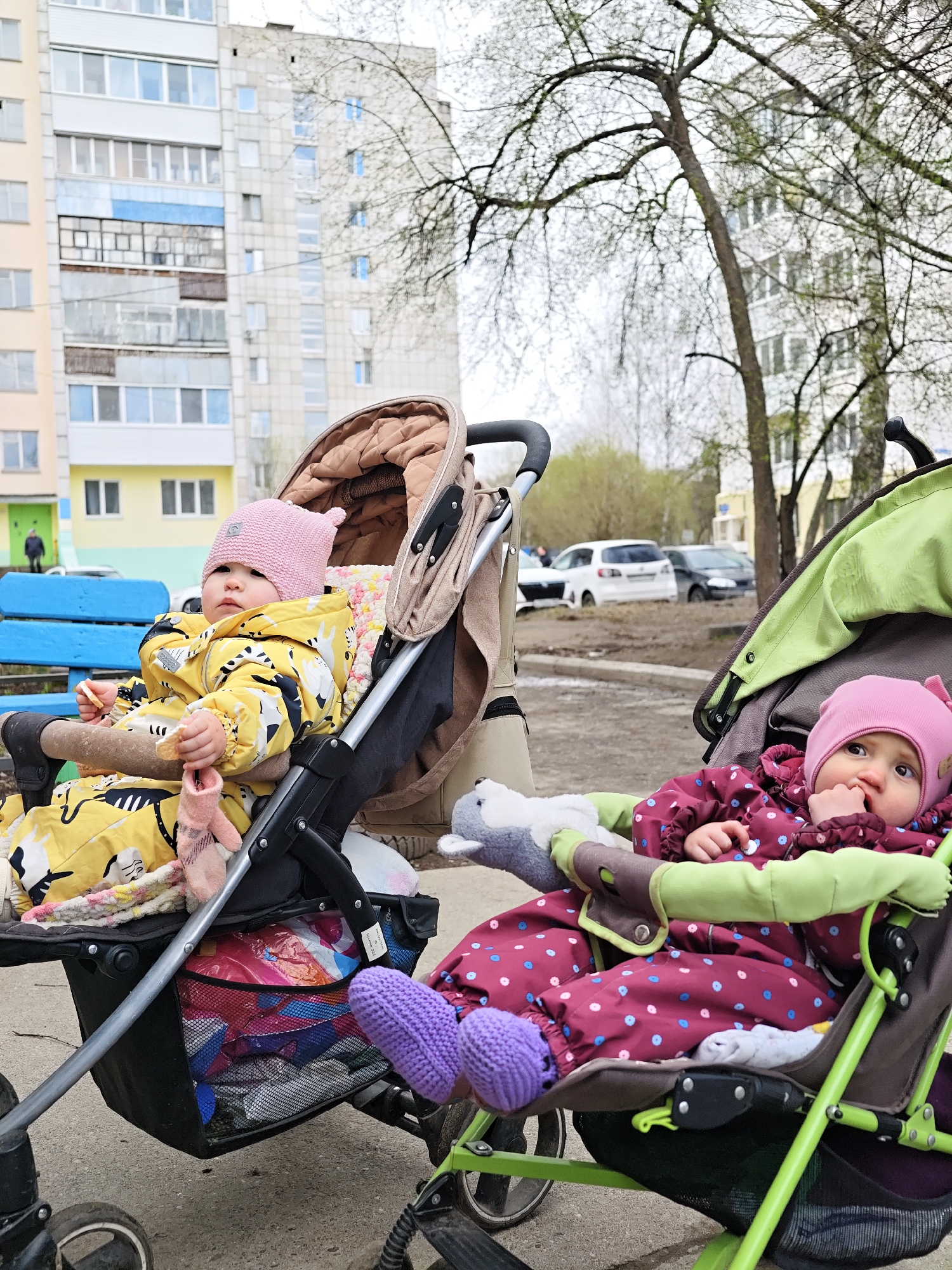 The image captures two infants in separate strollers outdoors in Chaikovsky, Russia, on an overcast day. The scene takes place on paved ground, likely a residential courtyard, with multi-story apartment buildings characteristic of post-Soviet architecture visible in the background. Bare trees, some with tiny green buds, suggest early spring.
On the left, an infant wearing a yellow and black patterned jumpsuit and a light pink knitted hat with ear-like details sits upright in a beige and black stroller. This child holds a piece of bread or a snack in one hand. Behind them, a blue park bench is visible, along with a pale yellow and a light grey residential building featuring numerous windows and enclosed balconies. The stroller's under-basket is filled with various items, including colorful plastic bags.
On the right, another infant is seen lying back in a dark green stroller with light green accents. This child wears a maroon jumpsuit with white and blue polka dots, a matching pink hat, and purple knitted booties. A grey stuffed animal rests beside them.
In the background, cars are parked on a dirt or unpaved surface further down the street. The infants appear calm and observant, looking towards the viewer or slightly off-camera. An indistinct logo is visible on the left infant's hat.