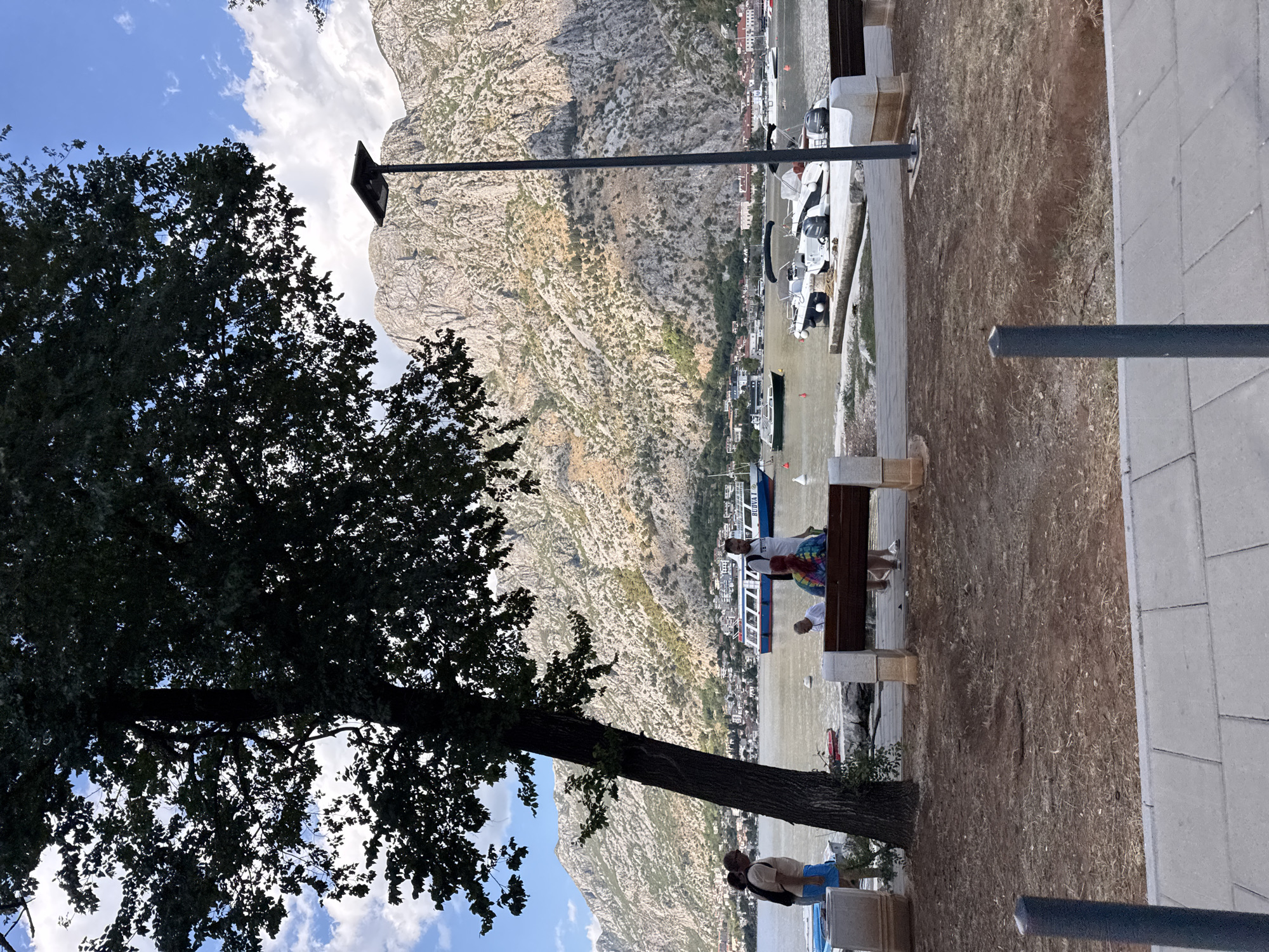 A horizontal, eye-level shot captures a waterfront scene in Škaljari, Montenegro, under a bright, partly cloudy sky. A large, dark-leafed tree dominates the left foreground, its trunk leaning diagonally. Beyond the tree, a calm, muddy-brown body of water is dotted with various boats, including a large white passenger ferry with blue trim labeled "BUDVA 1" in the mid-ground. Several smaller white motorboats are moored near a concrete pier in the right mid-ground.
Along the waterfront, a stone promenade features two benches. On the left bench, three people are visible: two women and a man. One woman, wearing a beige shirt and blue shorts, stands with a backpack. Another woman, in a darker top, is partially obscured. A man, wearing a white shirt, stands near the water. On the right bench, two individuals are seated, one with brightly colored hair, facing away from the camera.
Behind the water and boats, a town with red-roofed buildings is nestled at the base of a steep, rocky mountain range. The mountains are arid, with sparse vegetation, and cast long shadows in the afternoon sun. A single black lamppost with a solar panel stands on the right side of the promenade. The ground in the foreground is covered with dry soil and scattered leaves, bordered by a paved walkway.