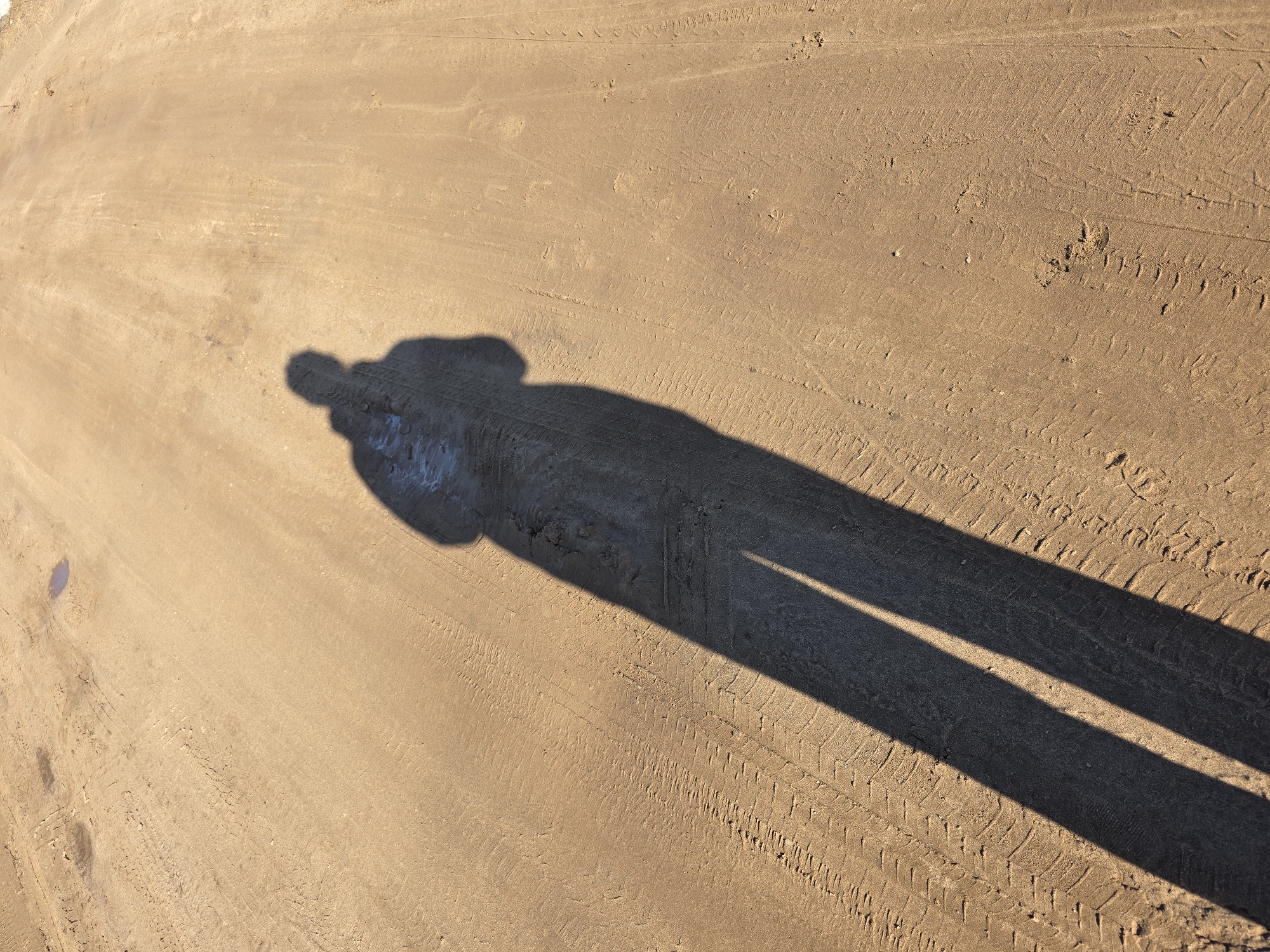 The image shows the shadow of a person on a dirt or sand surface. The lighting suggests it is either sunrise or sunset. The ground shows tire tracks and other disturbances. It is impossible to verify the location is in Chaikovsky, Russia, without additional information.
