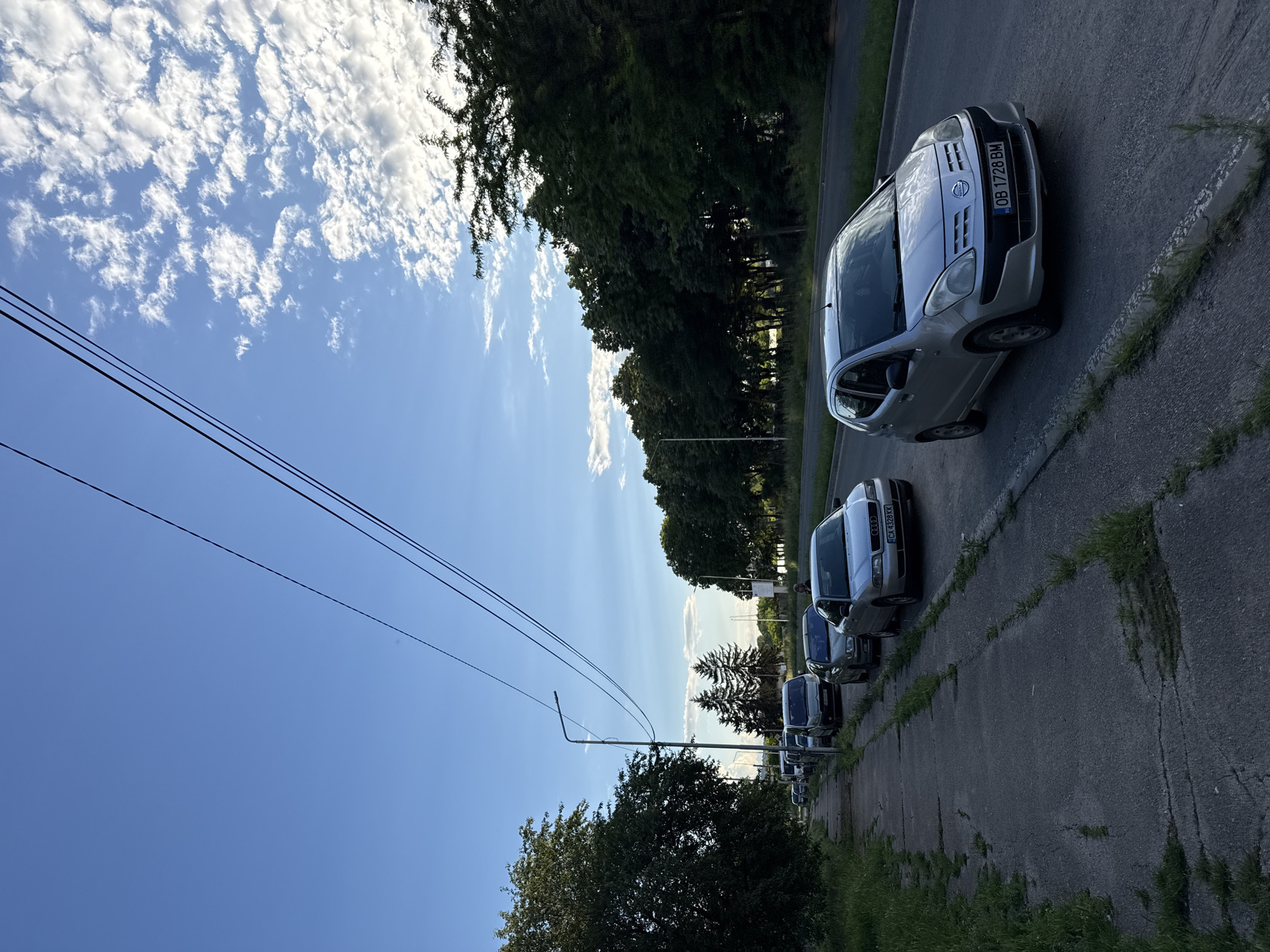 The image depicts a street scene in the city of Lovech, Bulgaria. Several silver Nissan cars are parked in a row along a concrete sidewalk. The sidewalk and adjacent asphalt road show signs of wear and tear, with cracks and sprouting vegetation. Above the cars, trees line the street, their foliage varying in density. Power lines stretch across the sky, a blue expanse punctuated by scattered clouds. A street lamp is visible amidst the trees. The image suggests a residential area or a quieter part of the city.