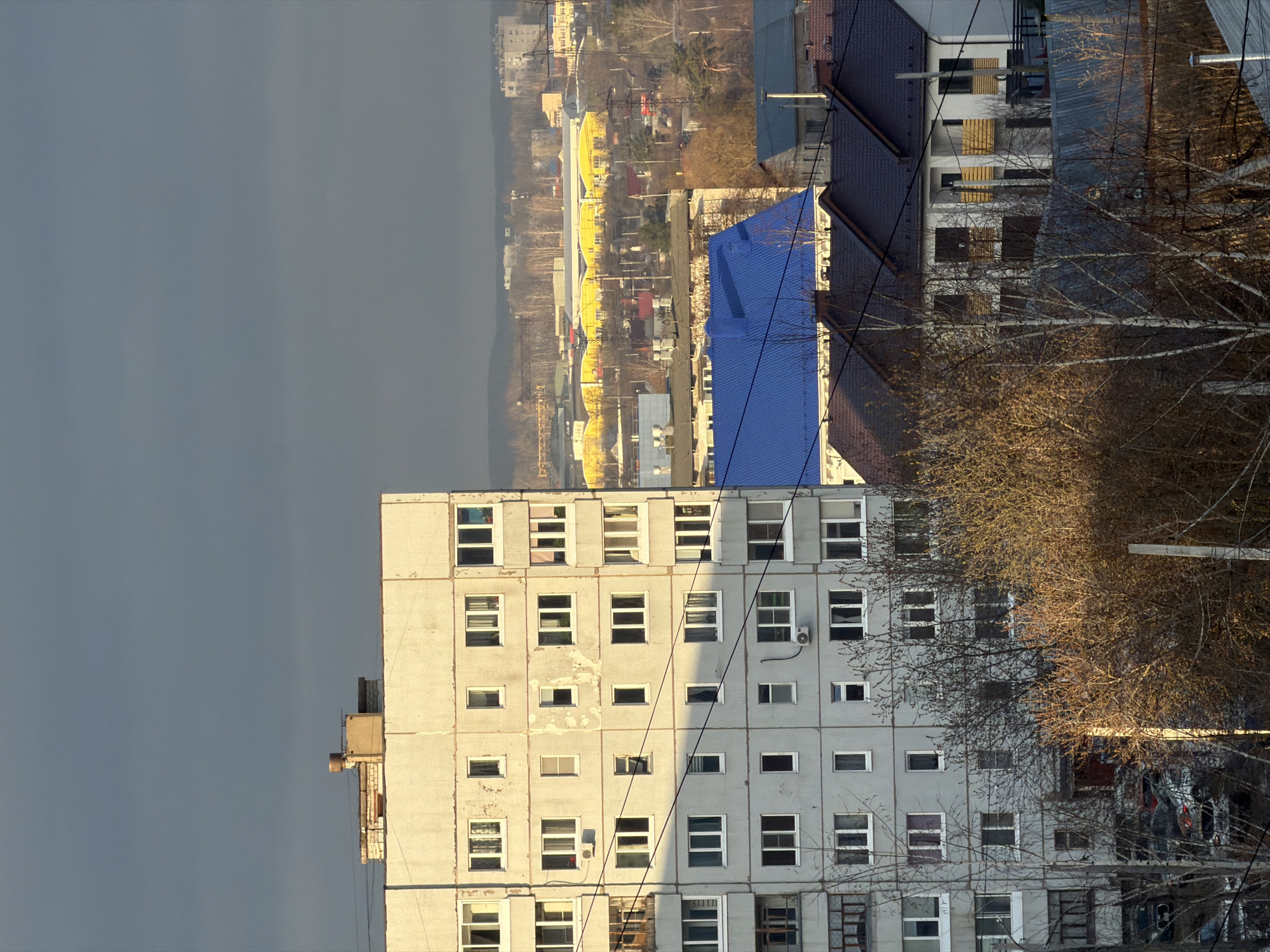 The image depicts an urban landscape, likely in Chaikovsky, Russia, characterized by a mix of residential and perhaps commercial structures under a cloudy sky.
In the foreground and occupying the left side of the frame, a tall, multi-story apartment building with a light grey concrete facade dominates. It features numerous rectangular windows of varying sizes, some with white frames. The concrete shows signs of weathering and discoloration, with areas of peeling finish. A small, possibly industrial or ventilation structure is visible on its roof.
To the right and extending into the midground and background, an array of other buildings can be seen. A prominent building with a bright blue pitched roof stands out. Further in the distance, a long, lower building with a distinctive yellow roof stretches horizontally across the scene. Other residential and smaller structures with dark roofs are scattered throughout.
Bare deciduous trees, with intricate networks of branches, are visible in the right foreground and extending into the midground, suggesting a late autumn or early spring season. Sunlight catches the uppermost branches and parts of the concrete building, imparting a warm, golden hue.
The sky, primarily in the upper left, is a uniform, muted grey, indicating overcast conditions, yet direct sunlight is present, casting long shadows across the main building. Electrical wires are visible crossing the scene. The image captures a static, everyday urban view. No people or visible text are present. The architecture, particularly of the main apartment block, aligns with typical styles found in Russian cities.