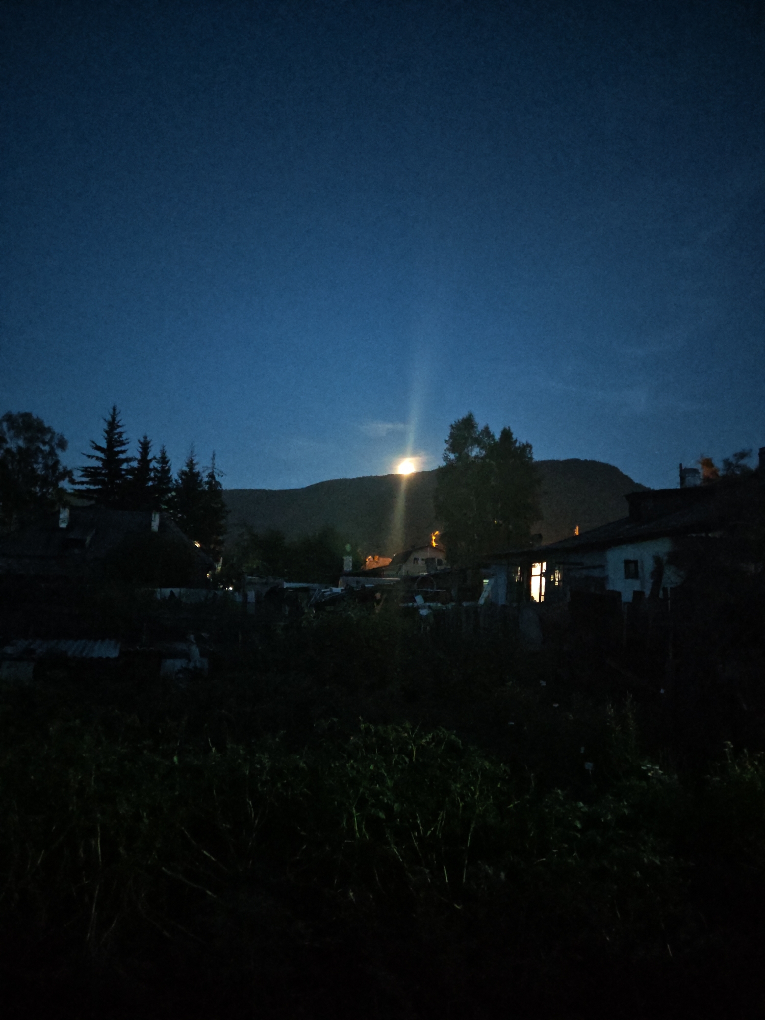 This is a nighttime photograph taken outdoors in a rural or semi-rural area, possibly on the outskirts of Slyudyanka, Russia. The image depicts a scene under a dark blue sky with a bright, partially obscured moon rising behind a silhouetted hill or mountain. The moonlight casts a strong glow and visible rays, illuminating the sky and a portion of the landscape.
In the foreground, dense, dark foliage and grass obscure the ground. Behind this, several buildings, likely houses or outbuildings, are visible. Some have illuminated windows, suggesting occupancy. One building in the mid-ground on the right appears to be a white structure with a dark roof and illuminated windows. To the left, other structures are mostly in silhouette, with chimneys visible on some. A cluster of tall, dark evergreen trees stands to the left of center, also silhouetted against the sky. The overall impression is a quiet, rural night scene, possibly in a village setting, with the moon being the dominant natural light source.