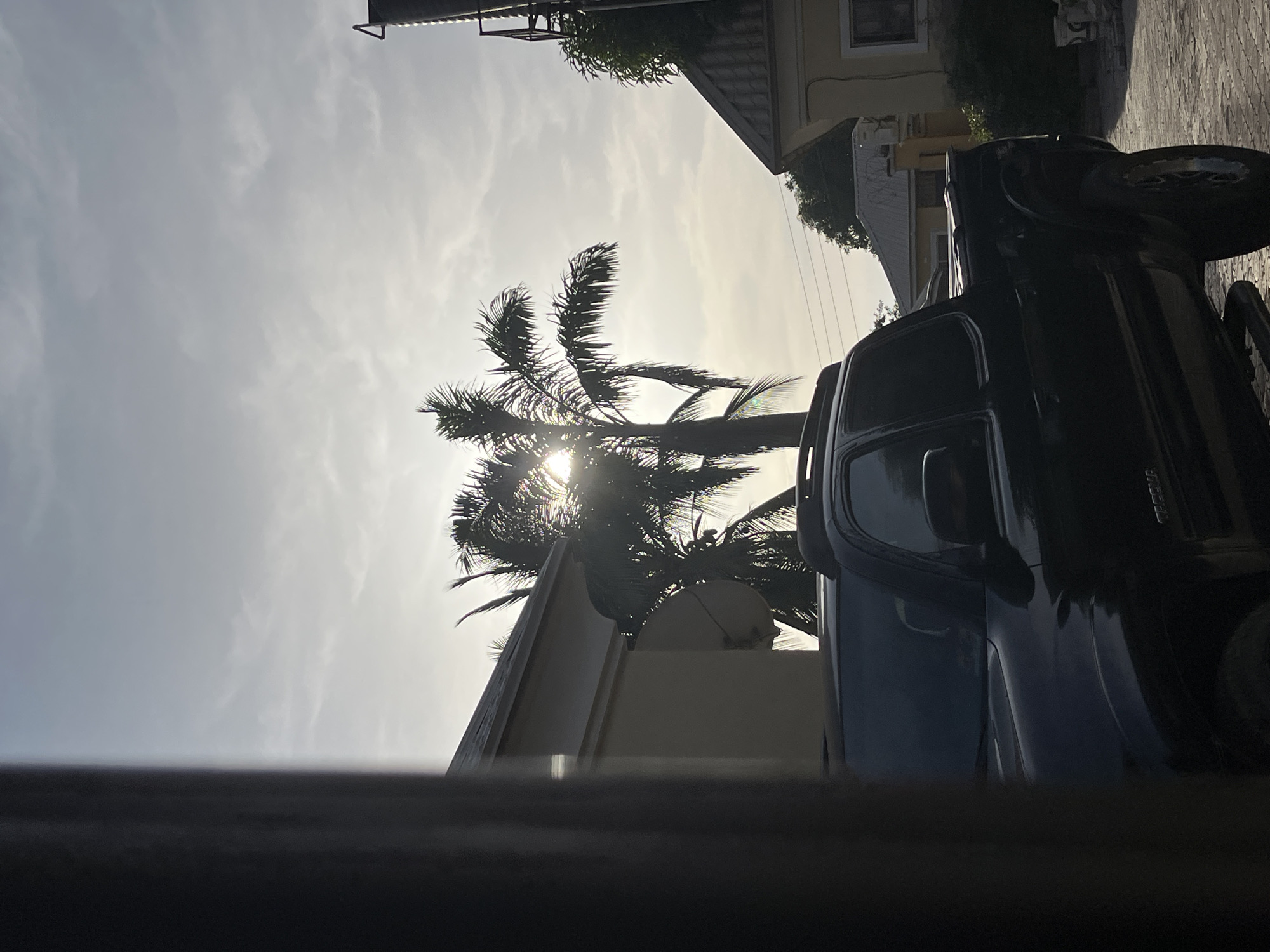 A low-angle outdoor shot taken in Abuja, Nigeria captures a scene dominated by a dark-colored truck parked in the foreground. Palm trees with the sun shining through their fronds are visible, partially obscuring the view. The sky is bright, with some cloud cover. A building with a beige facade and dark roof is partially visible. There are power lines extending over the top of the vehicle and building. The overall lighting suggests it is daytime.