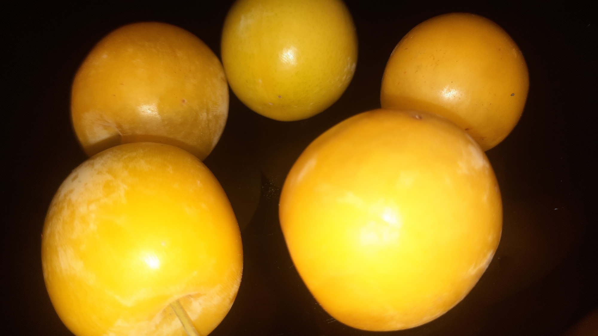 The image shows a close-up, top-down view of five yellow plums arranged against a dark background. The plums are round to oval in shape and have a smooth, slightly waxy skin. Some of them show subtle variations in color, with lighter patches and faint speckles. The lighting creates highlights on the curved surfaces of the fruit, suggesting a glossy texture. The composition is simple, focusing solely on the plums without any other discernible objects or context. The background is uniformly dark, likely a flat surface or shadowed area. There is no indication of the location being in the city of Шклоў, Belarus.
