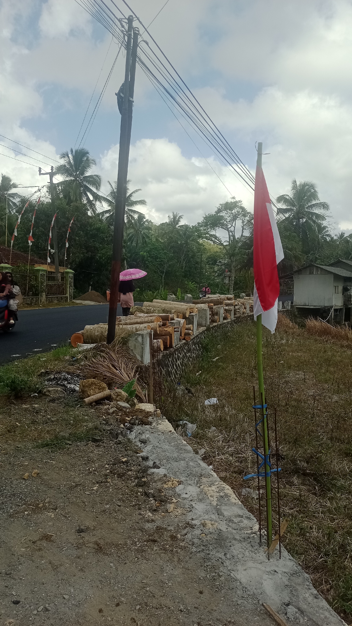 The image depicts a roadside scene in Cibeber, Indonesia, on a cloudy day. In the foreground, a red and white flag, likely the Indonesian flag, stands on a green pole. To the left, a paved road curves away, with a motorcycle carrying two passengers visible. Along the roadside, a pile of cut logs is neatly stacked behind a low concrete barrier. A person holding a pink umbrella stands near the logs, observing the scene. Further down the road, there are houses and lush green trees, characteristic of a rural or semi-rural environment. The sky is filled with clouds, suggesting a possibly humid or wet season. The overall atmosphere is tranquil, with a hint of ongoing activity due to the presence of construction materials and people.